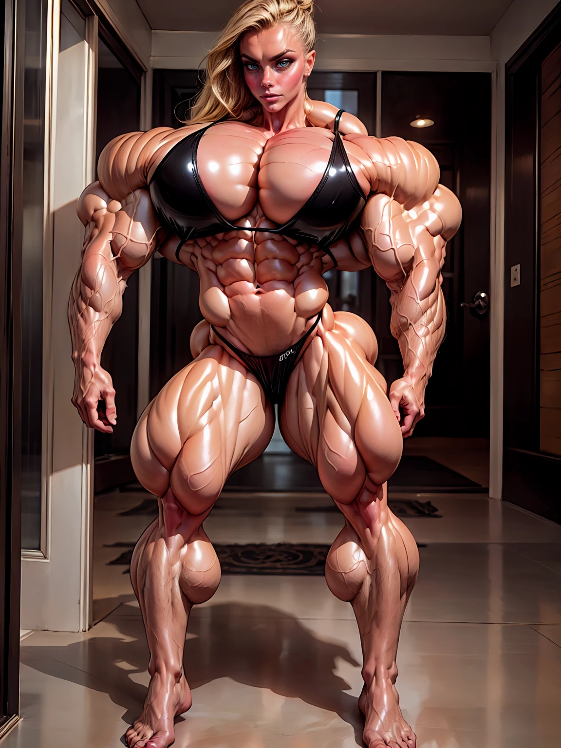 (1 girl), (cara delevingne), young girl, (latex :1.25), muscular feminine physique, seductive face, seductive look, long pink hair, perfect muscular body, super skinny legs, (swollen bulging pecs:1.25), (full body pose), (huge muscular arms:1.45),