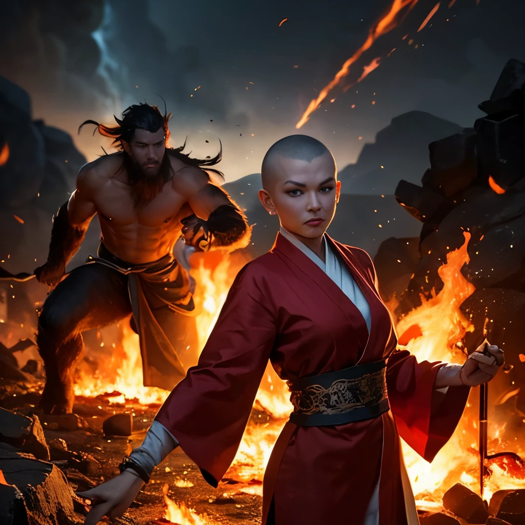 (best quality,4k,8k,highres,masterpiece:1.2), ultra-detailed, (realistic,photorealistic,photo-realistic:1.37), two (people), monster and female monk, a journey from China to India, surrounded by flames from a volcanic eruption, the heat causes light to refract, objects start to appear distorted, the background is filled with flames, a monkey-like monster walking through the fire and fending off flames, striking dynamic pose, female monk in the background, (shaved head:1.6), unparalleled beauty, perfect physique, monk's attire, looking anxiously hidden in the shadow of the monster amidst the flames.