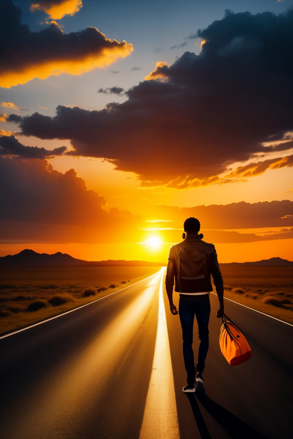 A 25-year-old black man confidently walks along a deserted road as the sun sets, casting an orange and purple silhouette against the sky. He dons a leather-jacket adorned with fringe and worn-out jeans, a backpack slung over his broad shoulders. His determined gaze is fixed on the horizon, fueling a sense of adventure.
This captivating scene is captured realistically through a 24mm wide-angle lens, meticulously detailing both the expansive landscape and intricacies of the man's formidable figure. With an aspect ratio of 16:9 and a resolution of 5K, every element is vividly illustrated