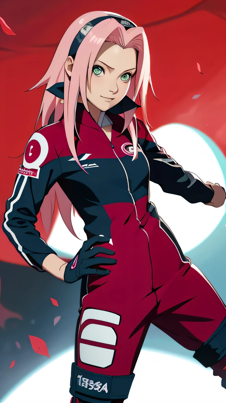 tmasterpiece, Best quality at best, 1girll,Sakura Haruno,(fullbody closeup),Raised sexy,is shy,ssmile,with pink hair, long whitr hair, (Green eyeballs:1.4),dark blue Forehead protection, Le Mans circuit background,long sleeve, Nissan race driver suit