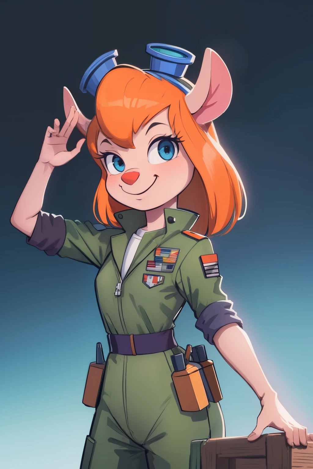 {{gadget_hackwrench}}, smile, looking at viewer, {short girl}, {long orange hair}, {in a vintage '50s military pilot costume camouflage colours}, dynamic pose shot, gh_clothes, gh_goggles, (high quality:1.2), masterpiece, detailed, highres, 4k, sharp focus