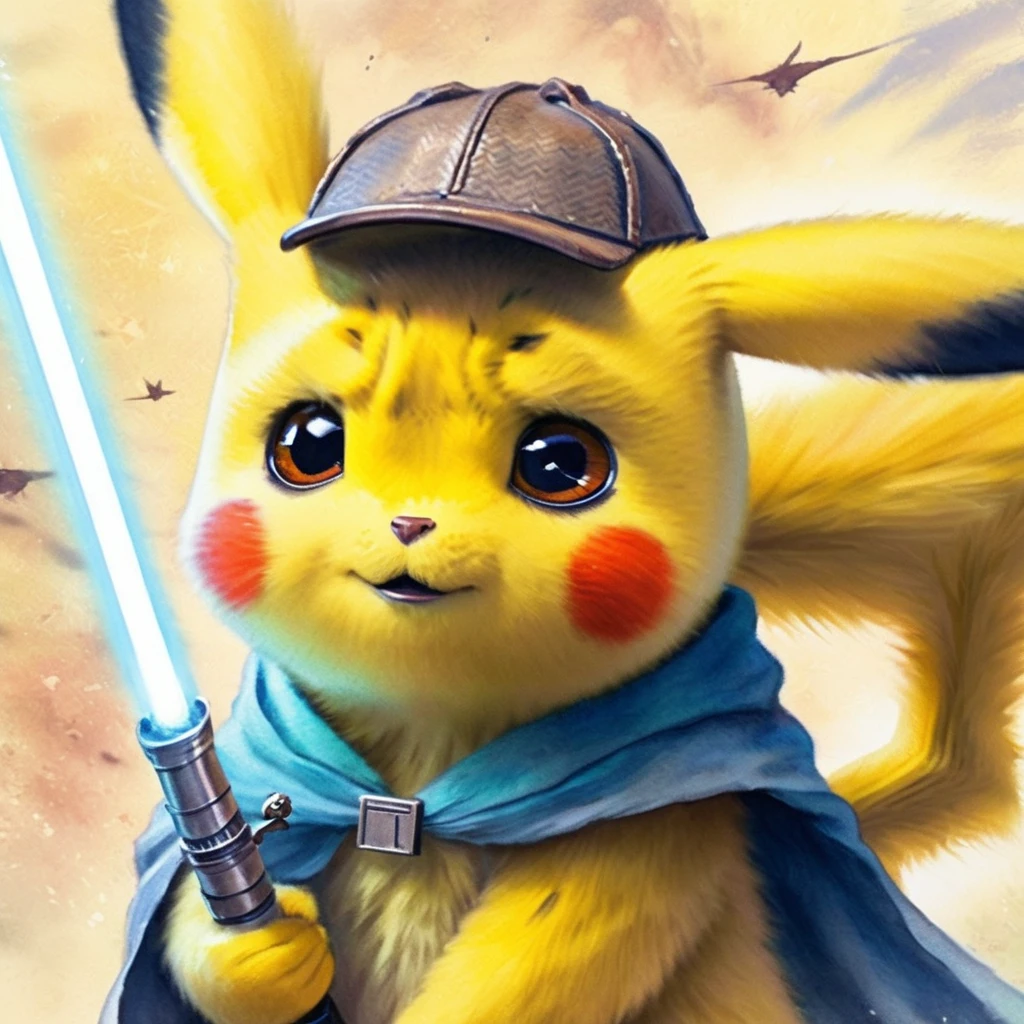 ethereal fantasy concept art of watercolor painting PIKACHU as a jedi with a light saber, have a lightsaber, Handmade, delicate, Impressionism, bright, Brilliant, colorful, very detailed, grow, heavenly, ethereal, painterly, amazing, majestic, Magic, fantasy art, cover art, dream-like