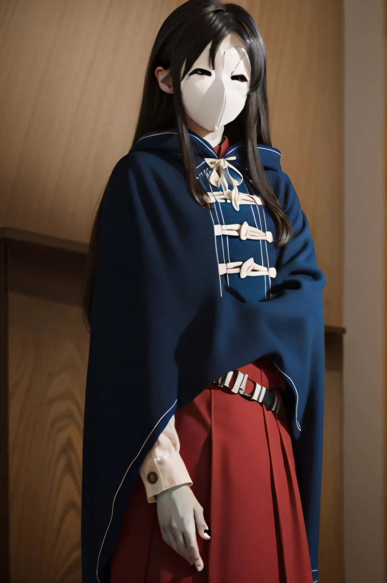 ä ̧ƒæ ̃Ÿé Tmé¦TM,black eyes,black hair,long hair,bangs,sidelocks,very long hair,white mask,
pleated skirt,red skirt,blue cape,black belt,long sleeves,striped bow,red bow,bowtie,ribbon,wide sleeves,, Exquisite visuals, high-definition,masterpiece,best quality,