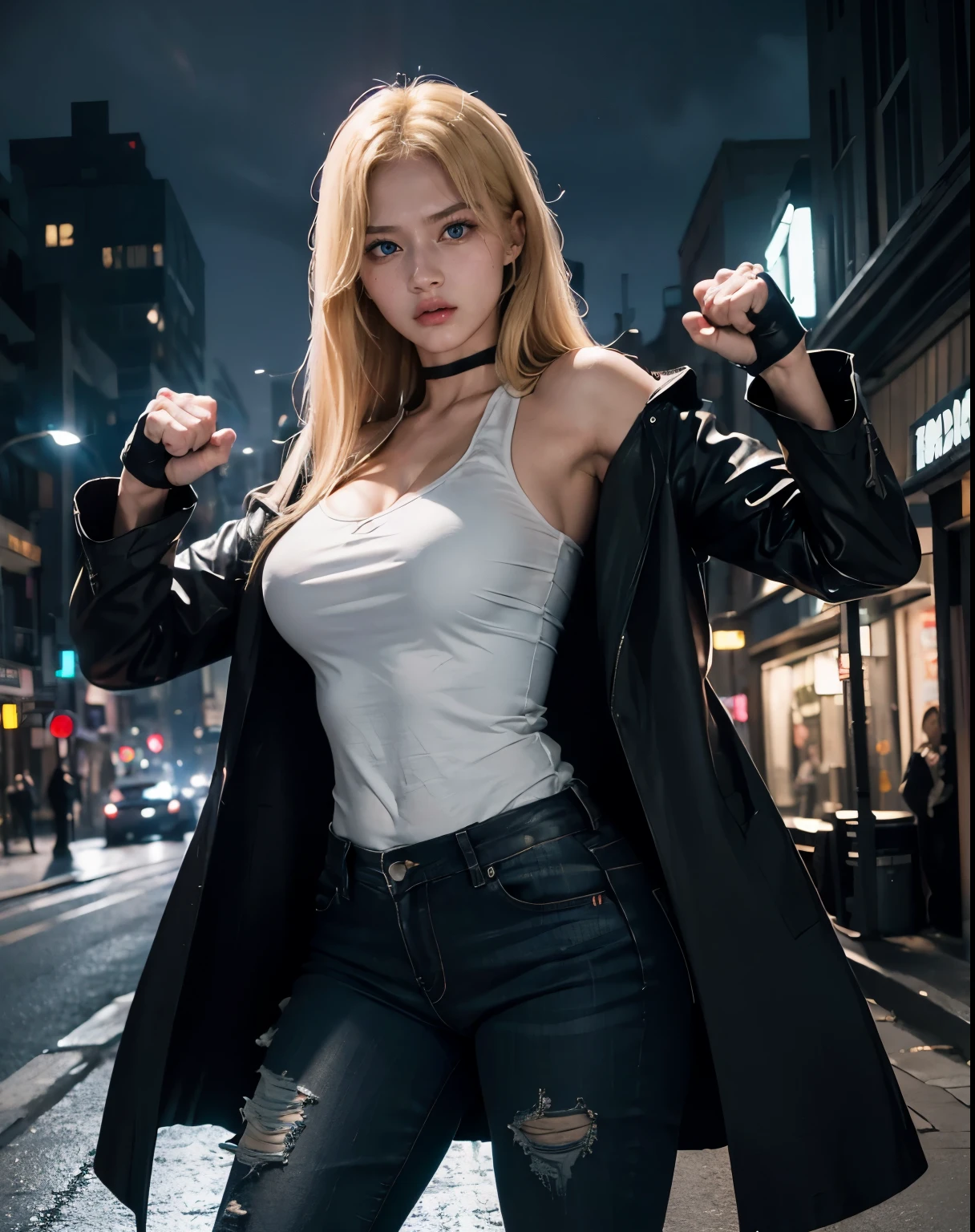 1girl, (blue eyes), (angry face :1.2), (Sana Minatozaki), wide hips, Big tits, big ass, (Best Quality, 8k, Masterpiece: 1.3), Clear Focus: 1.2, Perfect Body Beauty: 1.4, Highly detailed face and skin texture, detailed eyes, double eyelids, (blond long hair :1.2), (white tanktop), (ripped jeans :1.2), (black leater long overcoat :1.3), ((fighting pose :1.3)), in a dark street of a city at night, street at night
