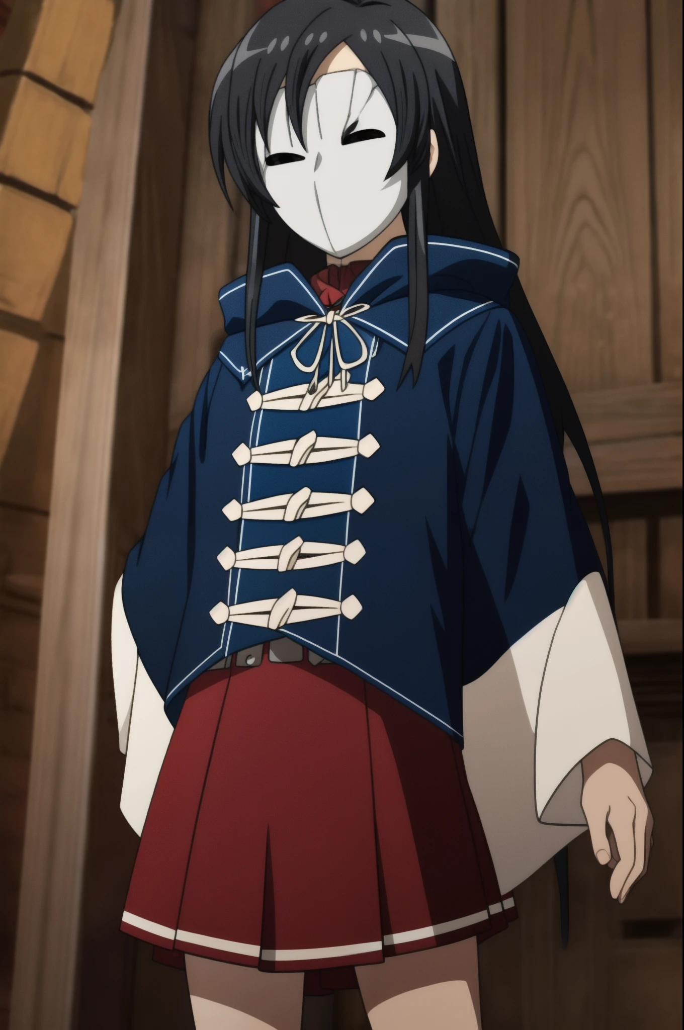 (masterpiece:1.4), (best quality:1.4), (((pixel-perfect, detail-perfect))) ä ̧ƒæ ̃Ÿé Tmé¦TM,black eyes,black hair,long hair,bangs,sidelocks,very long hair,white mask,
pleated skirt,red skirt,blue cape,black belt,long sleeves,striped bow,red bow,bowtie,ribbon,wide sleeves,, Exquisite visuals, high-definition,masterpiece,best quality, detailed, flat, flat colors, 2D, (anime:1.45)