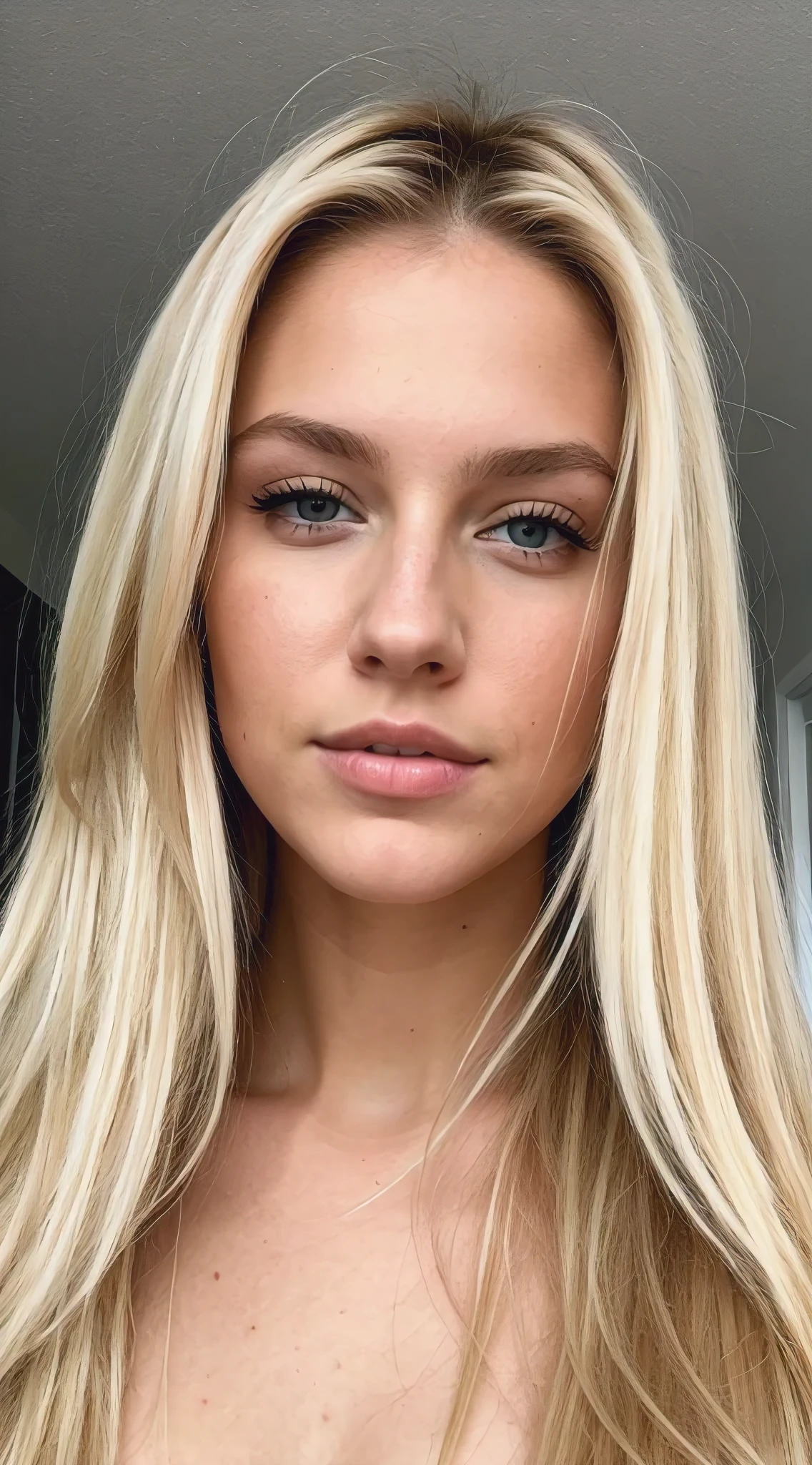 A 23 year old blonde woman, ((Big )), ((Hyperrealismus)) ,. blondes Haar mit hellbraunem Ansatz. blondes Haar, Haare mit braunen Wurzeln, extra langes Haar, sehr langes Haar, wirklich lange Haare, Nice, Vorderansicht, Selfie, Foto mit iPhone aufgenommen, close up, schaut genau in die kamera
