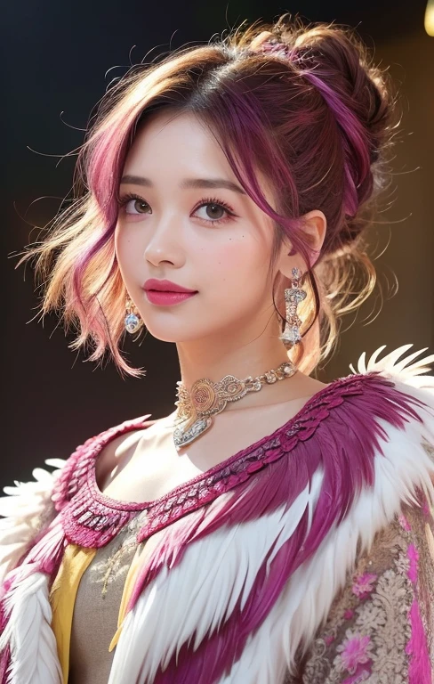 (extra detailed body、extra detailed face、best qualtiy:1.2)、realistic cute femele、looking at the viewers、(swept bangs, shoulder length wavy hair cascading down the shoulders, Layered Hair, Long sideburns, Magenta and Magenta-yellow gradient hair color, messy space buns, a happy smile with theeth, jucy red lips, rosy checks, smoky eyeshadow, winged eyeliner, 23years, Piercing of bird feathers up to the shoulder, Colorful fluffy clothes, Multi-colored lace blouse in light tones:1.4, cropped feather Jacket, Layered bracelets, statement necklace, hyper resolution 