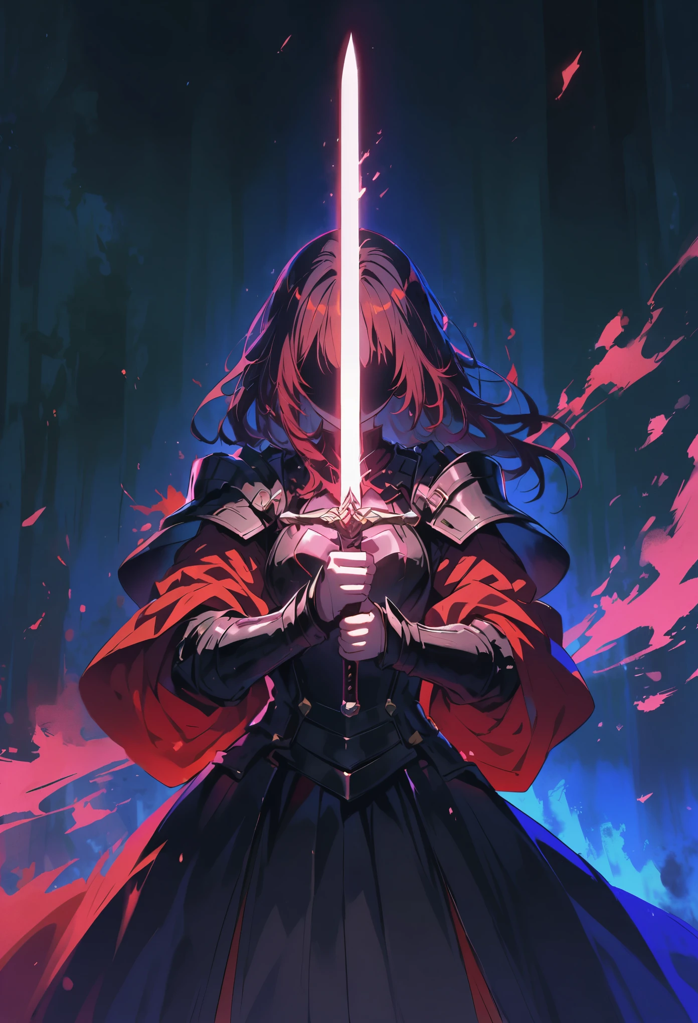 dark atmosphere,dark background,Glowing sword,Can't see face,Sword in both hands,night,dark,fear,
