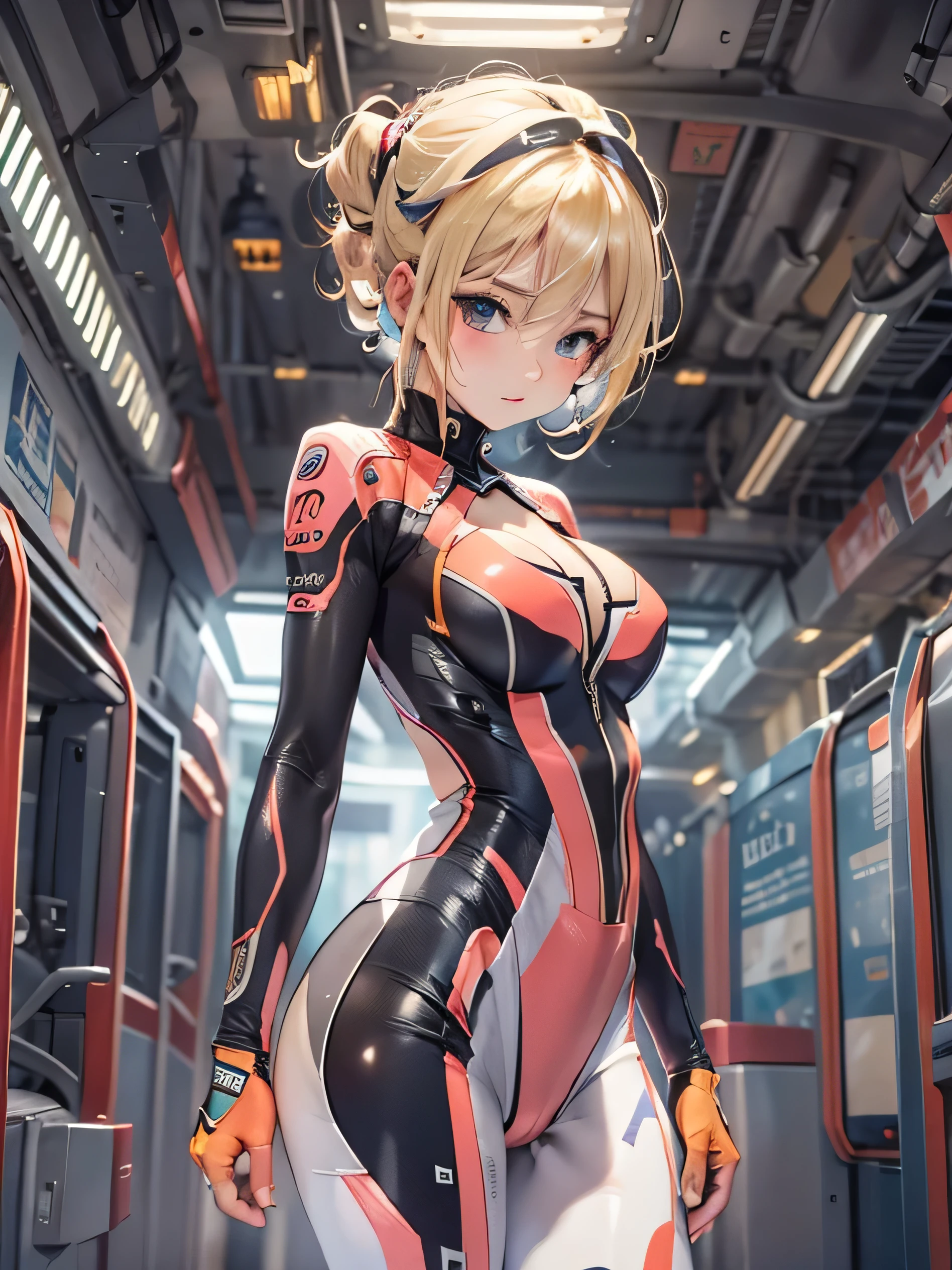 (photorealistic:1.8, highest quality:1.8,8K masterpiece:1.8,High resolution,muste piece:1.8,RAW Photos,cinematic lighting), cyber punk、city at night、train, (1 android girl:1.3)、Hachiorg、 (alternative、dull tone、calm tone:1.3)(1 beauty、Beautiful face in every detail:1.3)(tight suit:1.7)(bee wrestler mask)((Moderate chest:1.3)）、(look back、squat、raise your hand:1.2)(body fluids attached to the body:1.4)（elation：1.4）、 (midium Hair:1.2,beautiful shining blonde hair:1.5), Stoic、 plump nipples、(cameltoe),No split screen,slender abs:1.2,(Young sensual gravure idol)