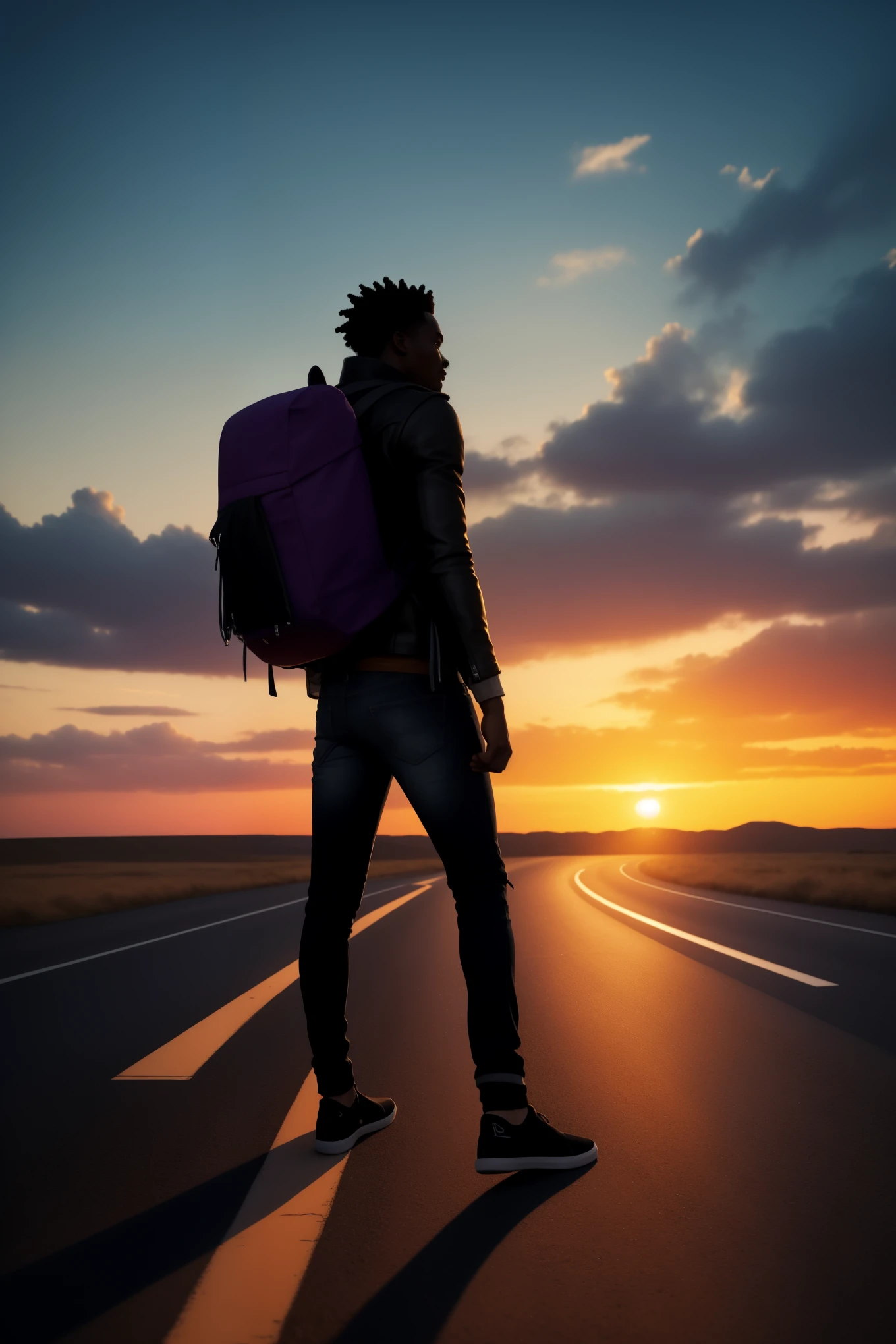 A 25-year-old black man confidently walks along a deserted road as the sun sets, casting an orange and purple silhouette against the sky. He dons a leather-jacket adorned with fringe and worn-out jeans, a backpack slung over his broad shoulders. His determined gaze is fixed on the horizon, fueling a sense of adventure.

This captivating scene is captured realistically through a 24mm wide-angle lens, meticulously detailing both the expansive landscape and intricacies of the man's formidable figure. With an aspect ratio of 16:9 and a resolution of 5K, every element is vividly illustrated