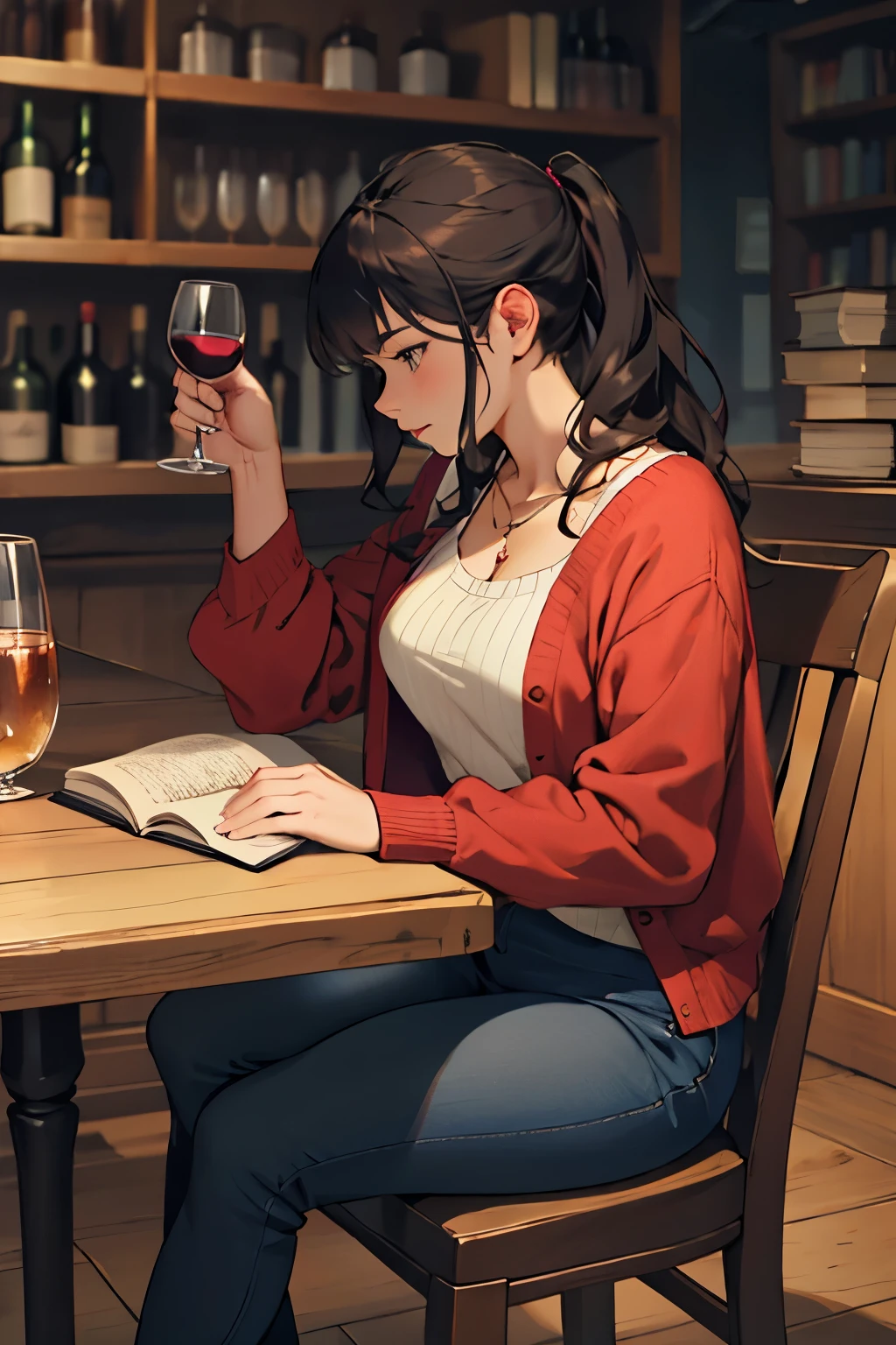 a woman reading a book and drinking wine