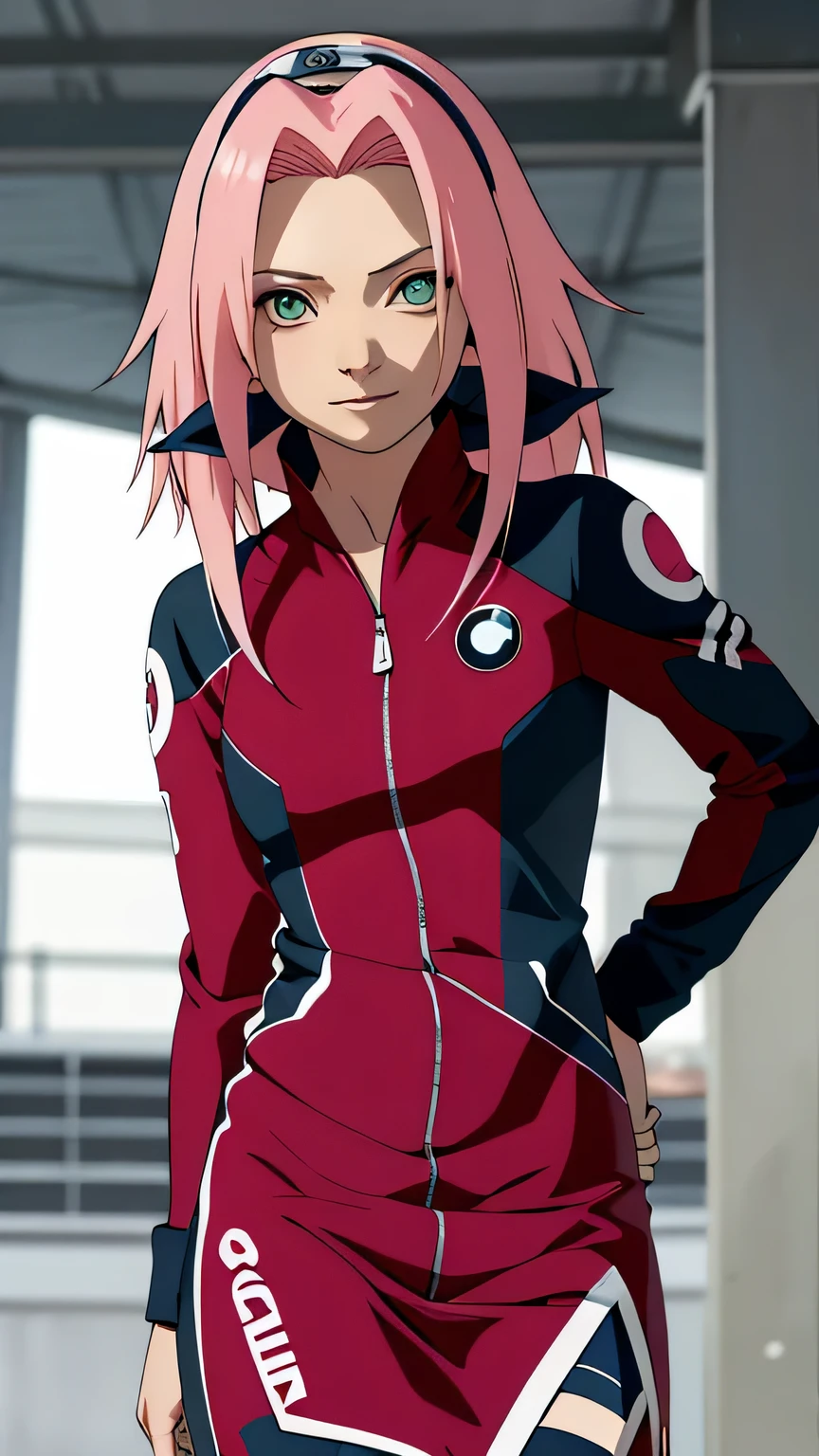 tmasterpiece， Best quality at best， 1girll，Sakura Haruno，（fullbody closeup)，Raised sexy，is shy，ssmile，with pink hair， long whitr hair， （Green eyeballs:1.4)，dark blue Forehead protection, simple background，long sleeve, BMW logo race driver suit