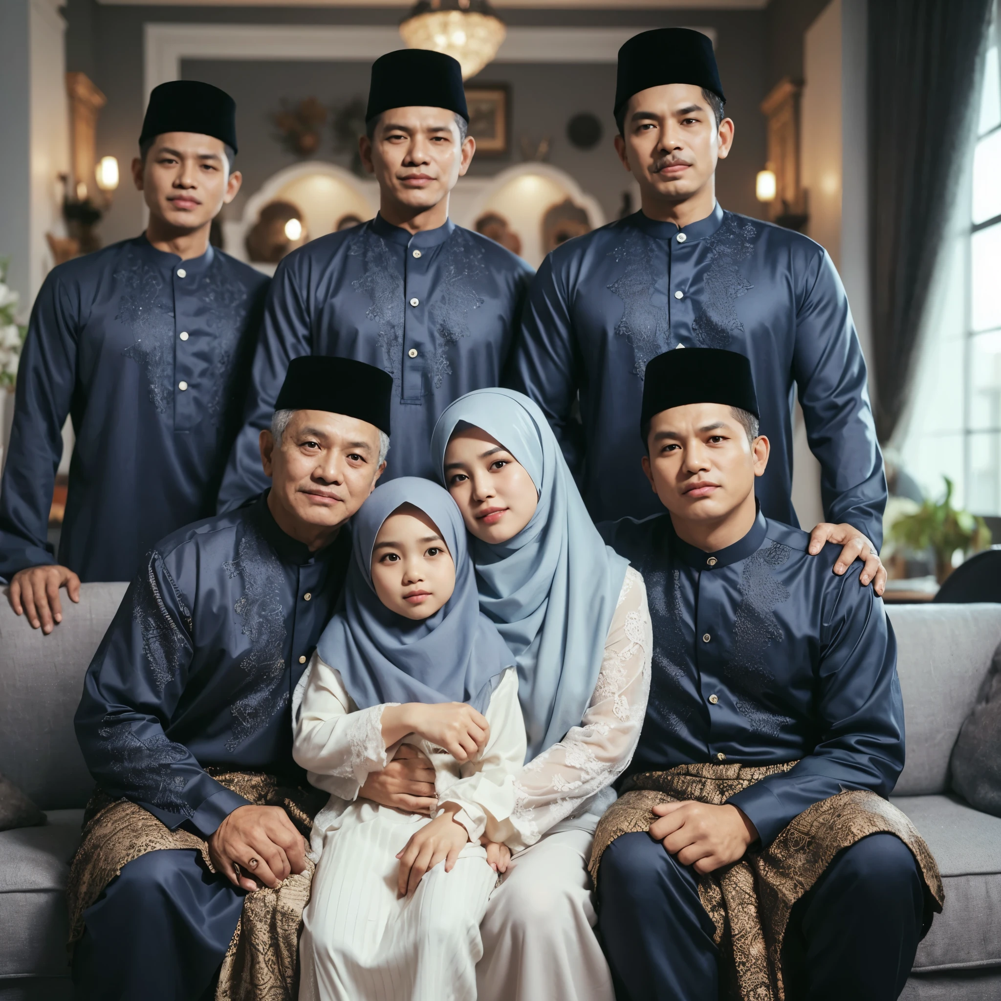 A friendly close-up photo style, Indonesian people, seven members, clean faces, a 50-year-old grandfather, a 50-year-old grandmother holding a 6-year-old granddaughter, wearing a hijab, sitting on a sofa, and four adult men standing behind the sofa, they are wearing traditional Malay attire and luxurious navy blue sharia long dresses, embracing each other, comfortable, in a luxurious living room background, with Islamic decorations in the living room, realistic, UHD, 8K