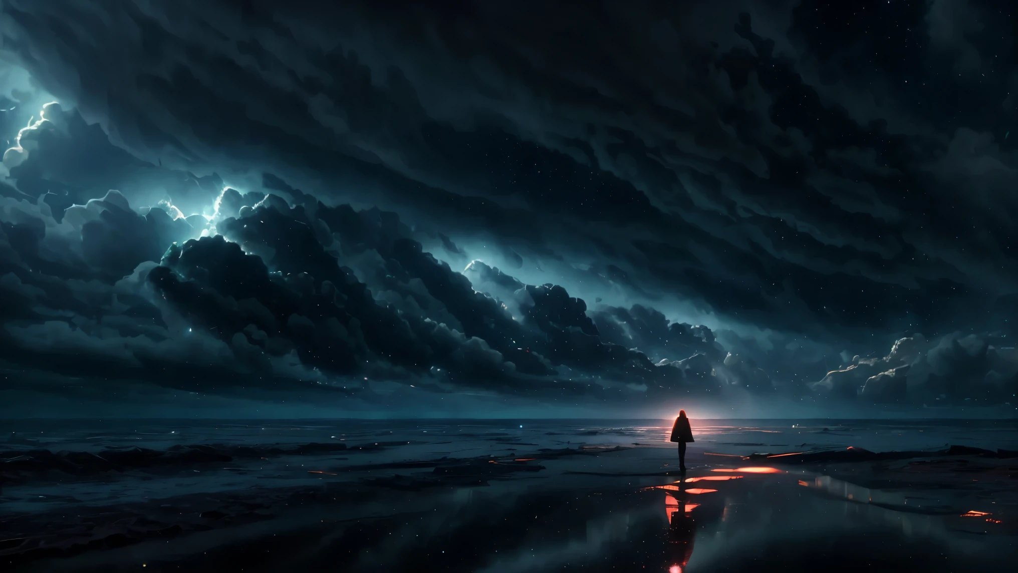 beautiful woman standing far away in a storm, sci fi clouds, masterpiece, best quality, high quality, extremely detailed CG unit 8k wallpaper, award winning photography, Bokeh, Depth of Field, HDR, bloom, Chromatic aberration, photorealistic, extremely detailed, trending on artstation, trending on CGsociety, intricate, high detail, dramatic, mid-journey art, volumetric lighting, ultra realistic,