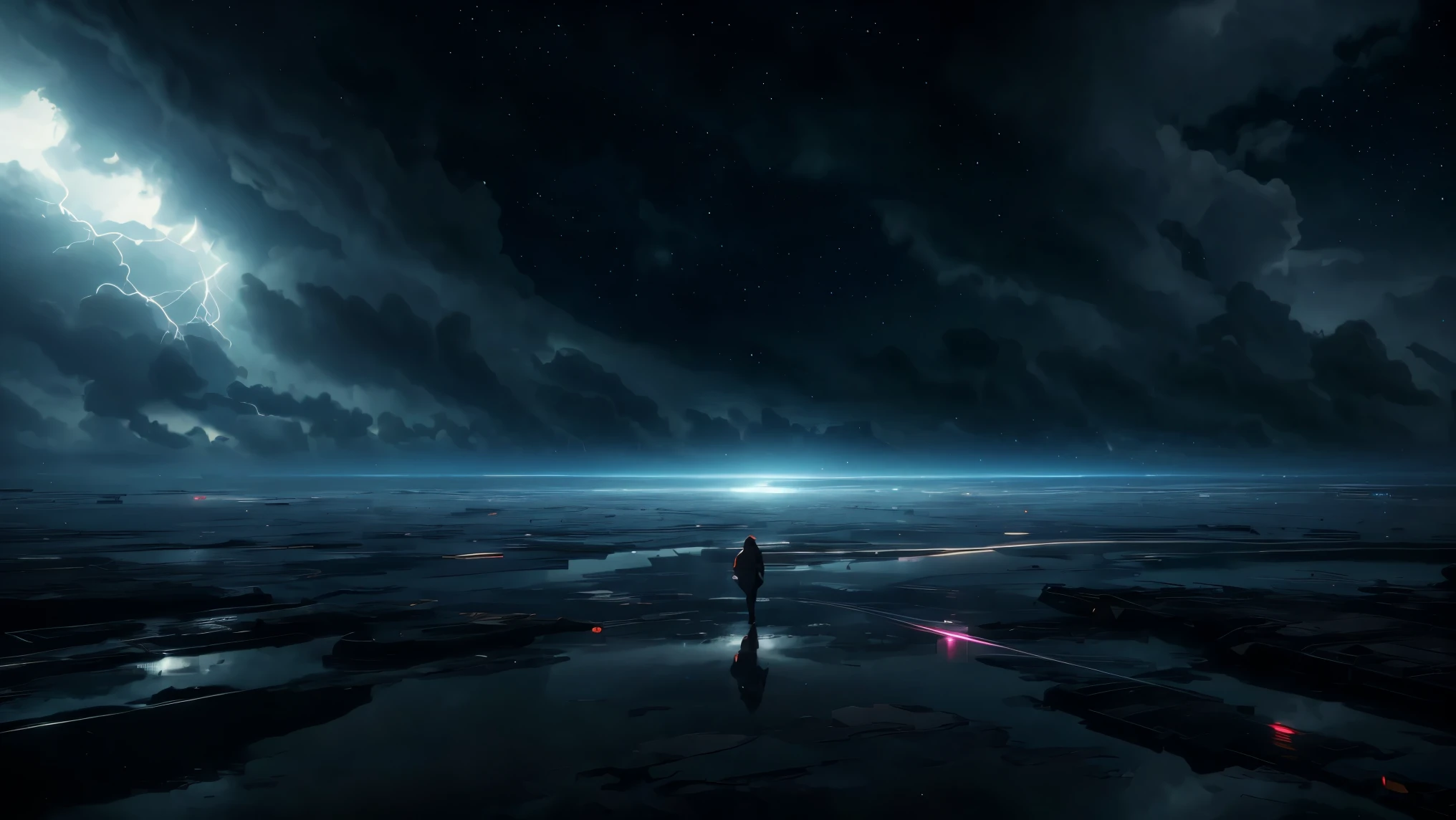 beautiful woman standing far away in a storm, sci fi clouds, masterpiece, best quality, high quality, extremely detailed CG unit 8k wallpaper, award winning photography, Bokeh, Depth of Field, HDR, bloom, Chromatic aberration, photorealistic, extremely detailed, trending on artstation, trending on CGsociety, intricate, high detail, dramatic, mid-journey art, volumetric lighting, ultra realistic,