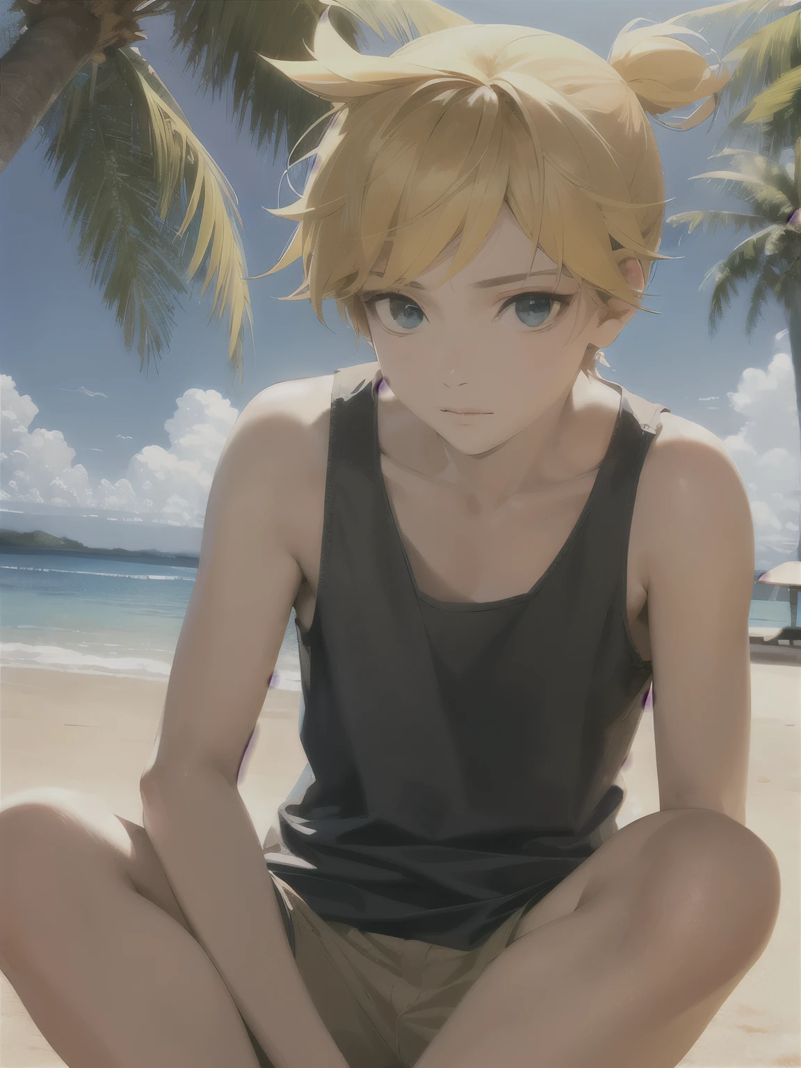 masterpiece, best quality, 1boy, sailor_collar, Kagamine_Len, yellow hair, (8k:0.7), beach, palm tree, sand, (realistic), Tank top