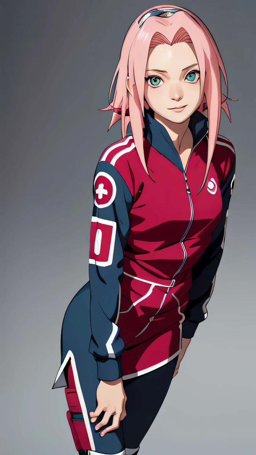tmasterpiece, Best quality at best, 1girll,Sakura Haruno,(fullbody closeup),Raised sexy,is shy,ssmile,with pink hair, long whitr hair, (Green eyeballs:1.4),dark blue Forehead protection, simple background,long sleeve, fully blue race driver suit