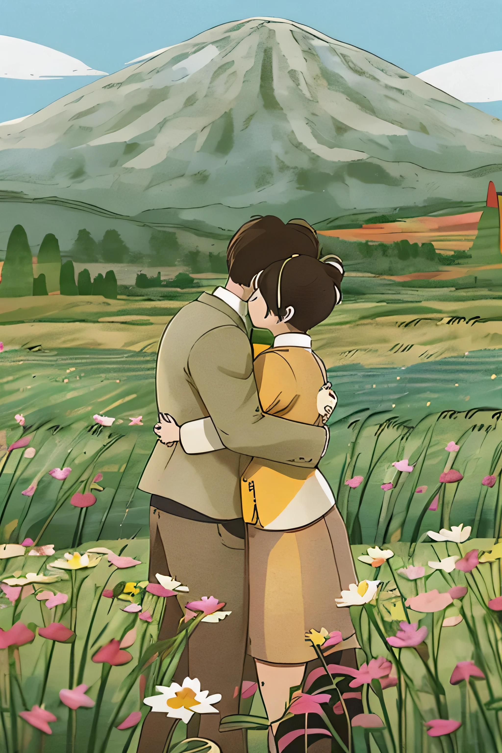 illustration of a couple wearing g tribal clothing hugging in a field of flowers, by Yanagawa Nobusada, by Miwa Komatsu, by Tanaka Isson, by Maeda Masao, by Maki Haku, by Nakahara Nantenbō, by Yuko Tatsushima, by Chizuko Yoshida, by Nishida Shun'ei