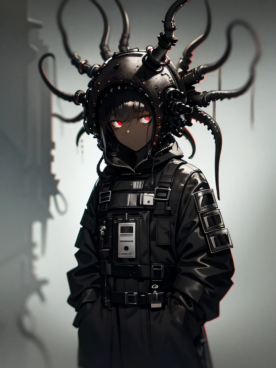 (Dark biopunk art), (gloomy tentacle biopunk), knee-length portrait, biopunk girl, dark brown skin, dark skin, hawthorn hair, short clothing, meat biopunk helmet, membrane bib, dark eyes, bone belt, dark biopunk environment, dark lighting, cold lights, highly detailed biopunk art, highly detailed biopunk background