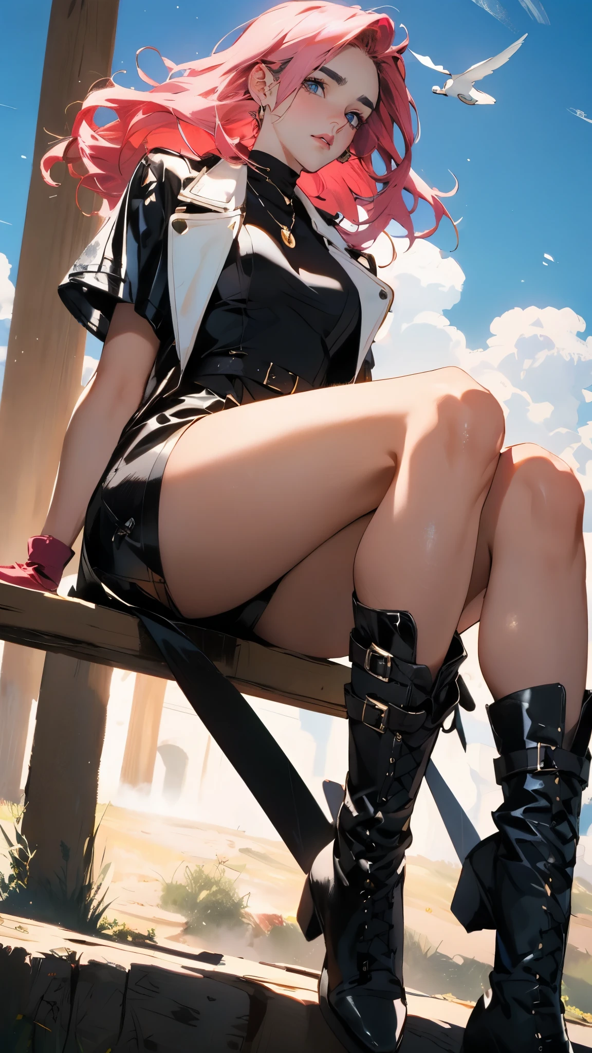 (A beautiful young girl with long curly pink hair, slender eyebrows, sparkling eyes, a bewildered expression, an oval-shapedl face with pale skin, a knee-length form-fitting leather trench coat with very short sleeves, she adorns both hands with metallic wrist guards in a sci-fi ancient civilization style, her long legs are clad in leather boots as she soars through the misty clouds), this character embodies a finely crafted fantasy-realism style western ranger in anime style, exquisite and mature manga art style, porcelain skin, perfect skin, perfect eyes, (Jennifer Connelly:1.2), high definition, best quality, highres, ultra-detailed, ultra-fine painting, extremely delicate, professional, anatomically correct, symmetrical face, extremely detailed eyes and face, high quality eyes, creativity, RAW photo, UHD, 32k, Natural light, cinematic lighting, masterpiece-anatomy-perfect, masterpiece:1.5