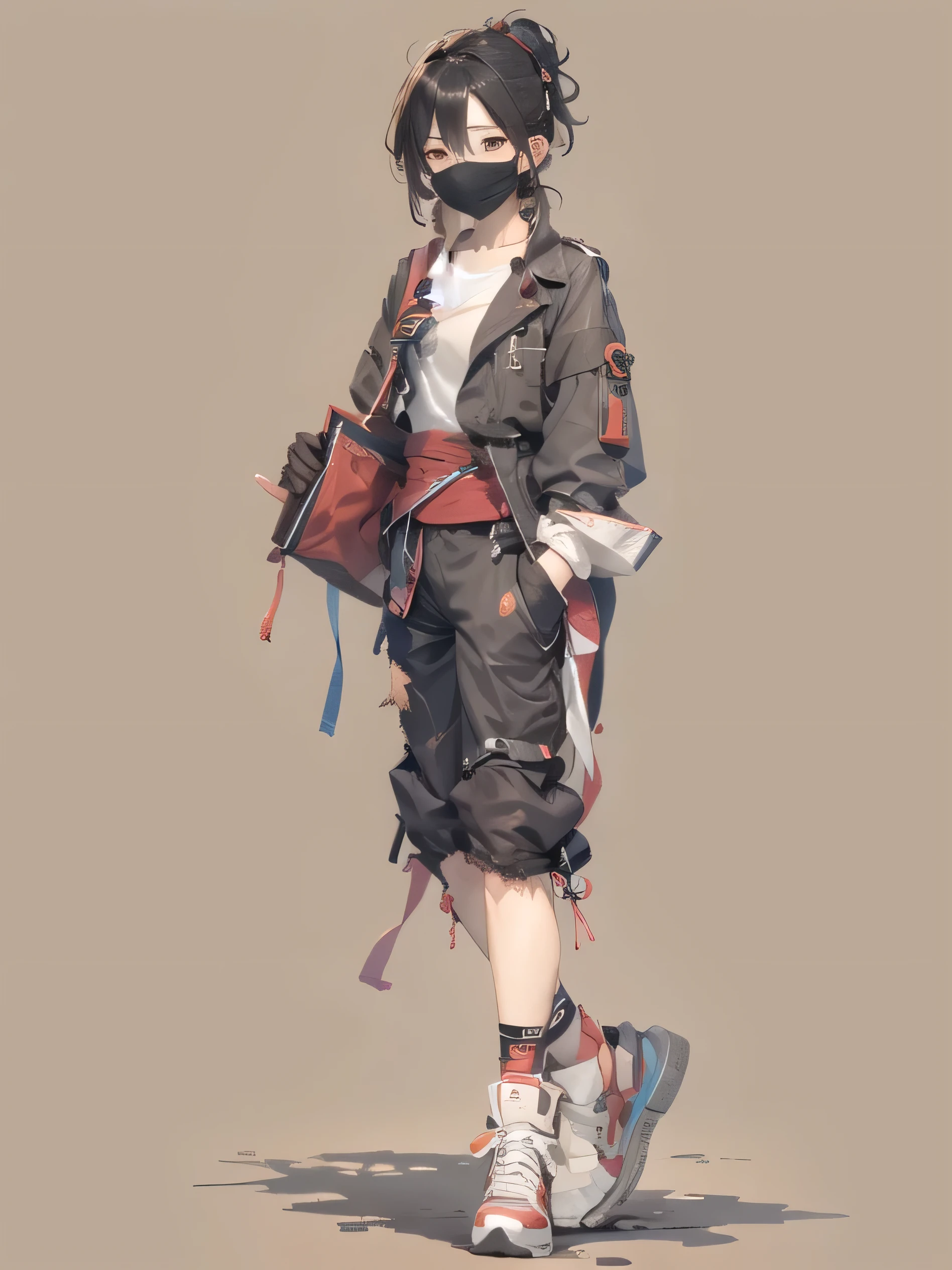 blindfold、The clothes on the lower body are dirty and torn.