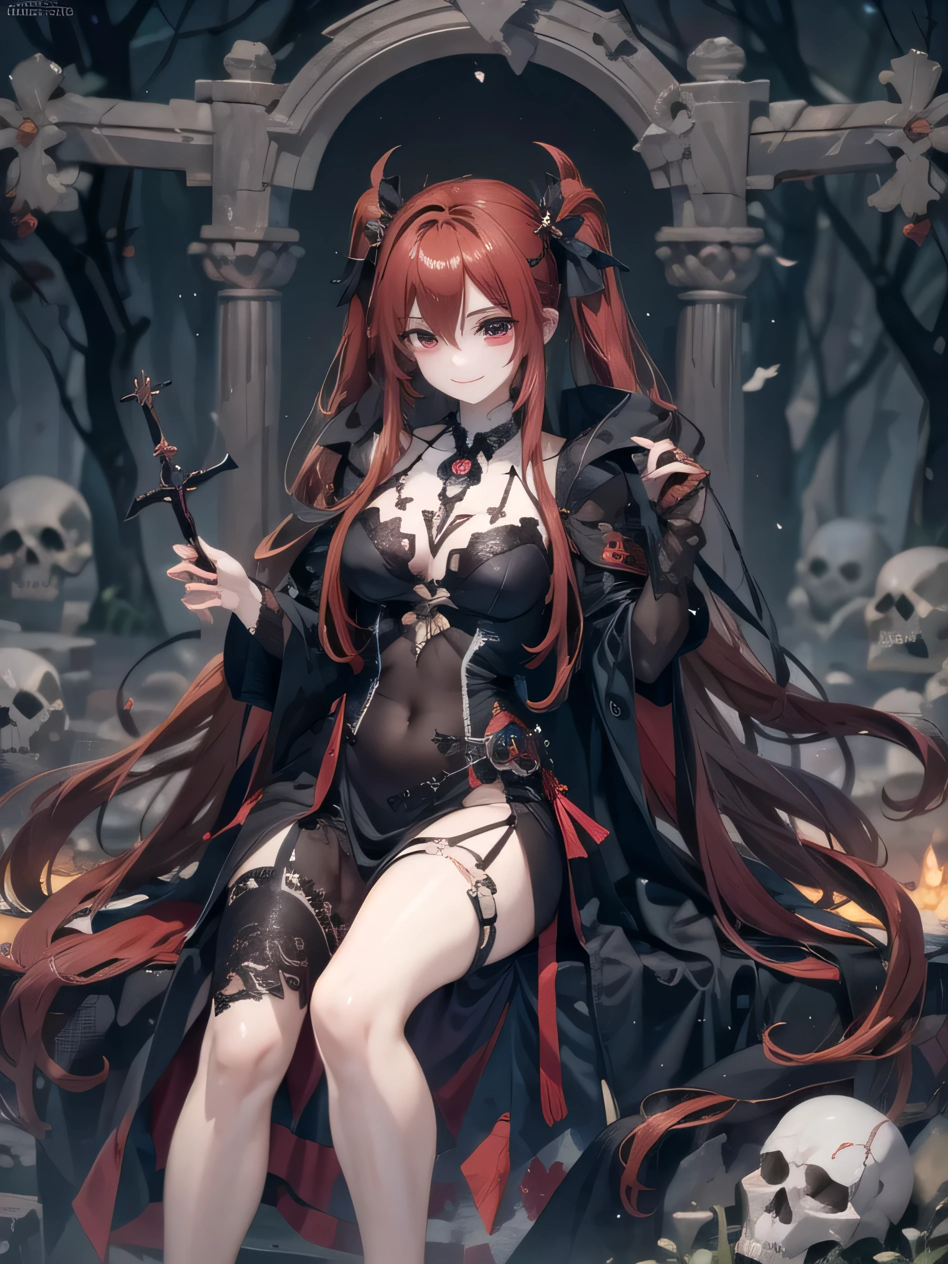 1 girl、solo、Uruha Rushia、Succubus wings、succubus、Unique、black long coat、almost naked、light clothing、Torn black leg mesh、skull hair ornament、redhead、long hair、down hair、twin tails、shining red eyes、grin、Sit down、cross your legs、sexy pose、Alien-like graveyard in the background