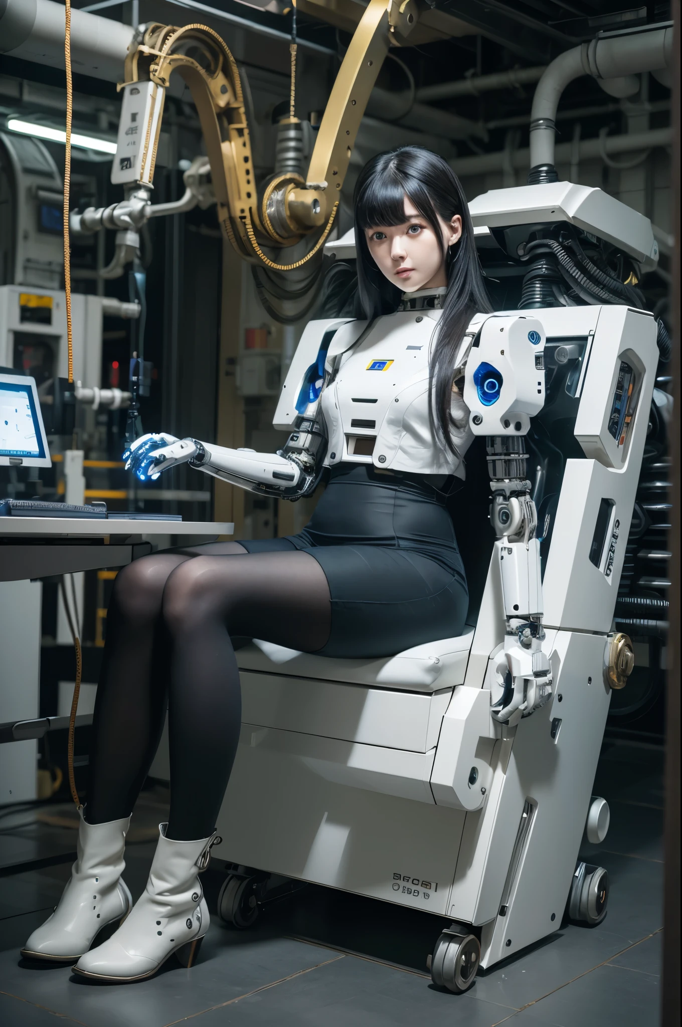 masterpiece, best quality, extremely detailed,8k portrait,Japaese android girl,Plump , control panels,android,Droid,Mechanical Hand, Robot arms and legs, Black hair,Blunt bangs,perfect robot girl,long tube,thick cable connected her neck,japanese cyborg girl ,android assembly plant,connecting a cable between the legs,white robot body,mechanical body,mouton boots,(blue eyes:1.5)
