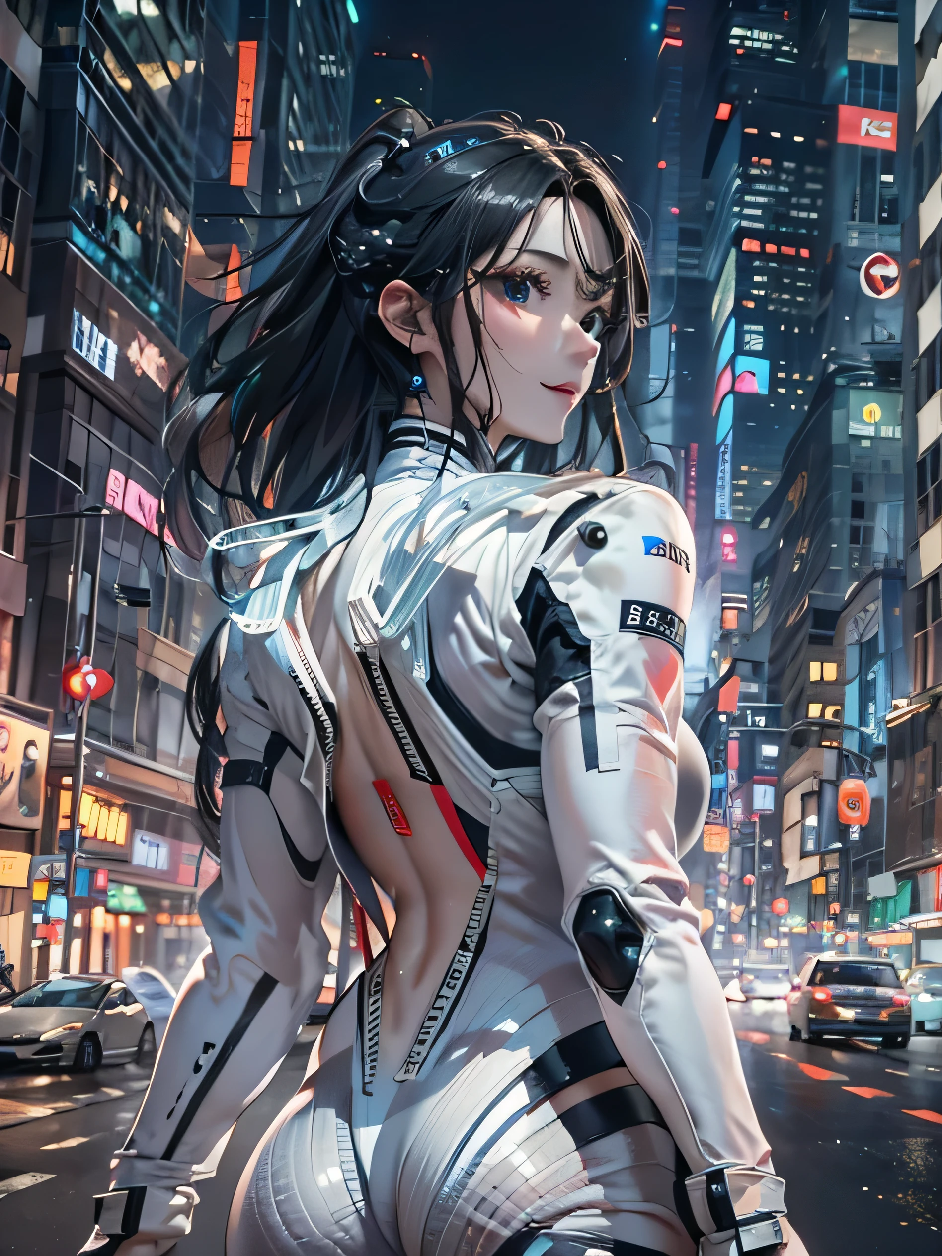 Highest image quality、Complete limbs、full finger、1 beauty、beautiful big breasted woman:1.3、black hair woman、smile、((middle parted hairstyle:1.3))、straight hair women、((White Cybersuit:1.5)) 、sleek cyber suit、Skyscrapers at night、combat readiness