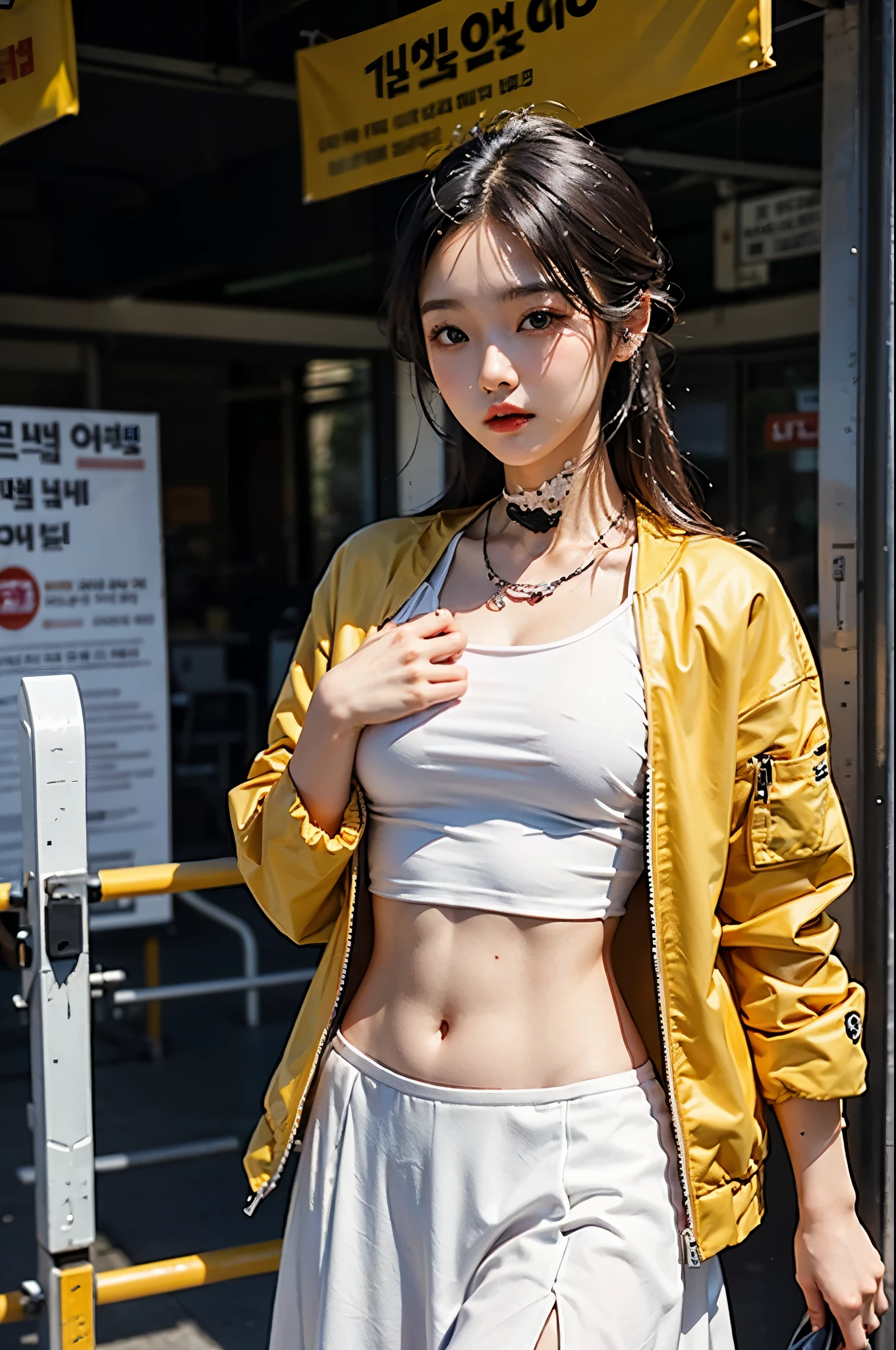 There is a woman wearing a white top and a red jacket., Korean woman, gorgeous young black skirt, Korean female fashion model, slim woman photo model, beautiful young Korean woman, beautiful south Korean woman, slim woman photo, her belly button was exposed, Korean woman, attractive pose, Taken with Nikon Z9, different actions, 