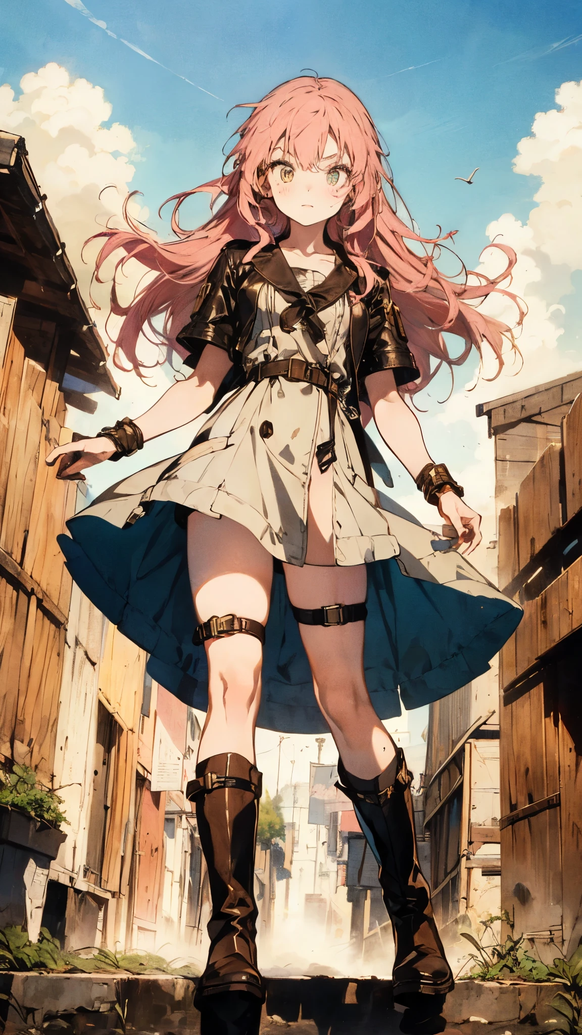 (A beautiful young girl with long curly pink hair, slender eyebrows, sparkling eyes, a bewildered expression, an oval-shapedl face with pale skin, a knee-length form-fitting leather trench coat with very short sleeves, she adorns both hands with metallic wrist guards in a sci-fi ancient civilization style, her long legs are clad in leather boots as she soars through the misty clouds), this character embodies a finely crafted fantasy-realism style western ranger in anime style, exquisite and mature manga art style, porcelain skin, perfect skin, perfect eyes, high definition, best quality, highres, ultra-detailed, ultra-fine painting, extremely delicate, professional, anatomically correct, symmetrical face, extremely detailed eyes and face, high quality eyes, creativity, RAW photo, UHD, 32k, Natural light, cinematic lighting, masterpiece-anatomy-perfect, masterpiece:1.5