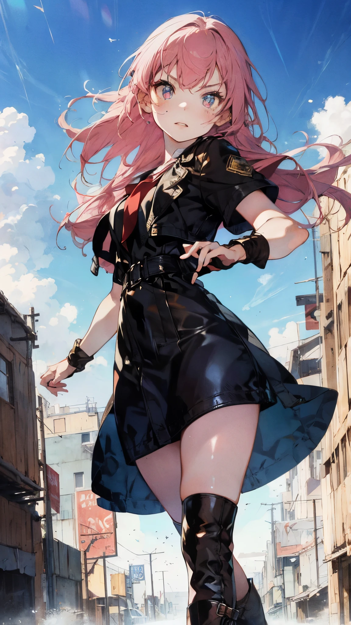 (A beautiful young girl with long curly pink hair, slender eyebrows, sparkling eyes, a bewildered expression, an oval-shapedl face with pale skin, a knee-length form-fitting leather trench coat with very short sleeves, she adorns both hands with metallic wrist guards in a sci-fi ancient civilization style, her long legs are clad in leather boots as she soars through the misty clouds), this character embodies a finely crafted fantasy-realism style western ranger in anime style, exquisite and mature manga art style, porcelain skin, perfect skin, perfect eyes, high definition, best quality, highres, ultra-detailed, ultra-fine painting, extremely delicate, professional, anatomically correct, symmetrical face, extremely detailed eyes and face, high quality eyes, creativity, RAW photo, UHD, 32k, Natural light, cinematic lighting, masterpiece-anatomy-perfect, masterpiece:1.5