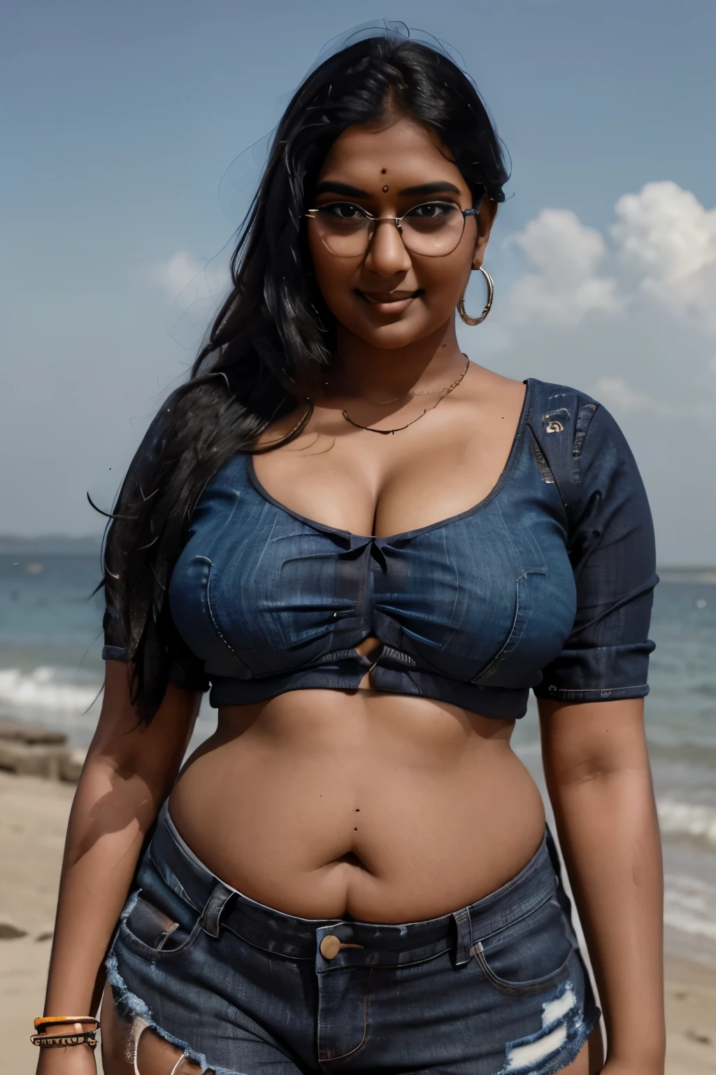 (RAW, masterpiece, hyper-realistic) desi Indian woman wearing (black crop top:1.3) and (denim shorts), 20 years old, (chubby voluptuous plus size:1.3), (eyeglasses), (bindi), An Indian beauty, charismatic, dark Indian- skin, view the viewer, naughty smile, in a beach, bokeh, (detailed facial features, same eyes)