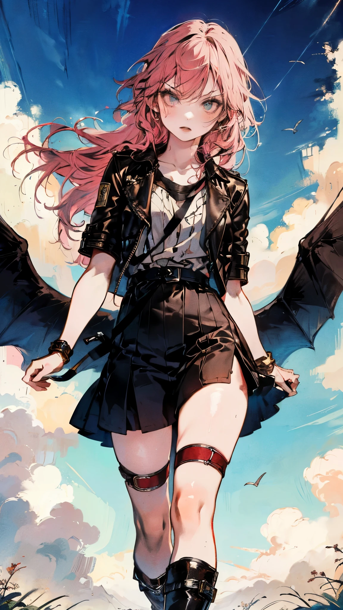 (A beautiful young girl with long curly pink hair, slender eyebrows, sparkling eyes, a bewildered expression, an oval-shapedl face with pale skin, a knee-length form-fitting leather trench coat with very short sleeves, she adorns both hands with metallic wrist guards in a sci-fi ancient civilization style, her long legs are clad in leather boots as she soars through the misty clouds), this character embodies a finely crafted fantasy-realism style western ranger in anime style, exquisite and mature manga art style, porcelain skin, perfect skin, perfect eyes, high definition, best quality, highres, ultra-detailed, ultra-fine painting, extremely delicate, professional, anatomically correct, symmetrical face, extremely detailed eyes and face, high quality eyes, creativity, RAW photo, UHD, 32k, Natural light, cinematic lighting, masterpiece-anatomy-perfect, masterpiece:1.5