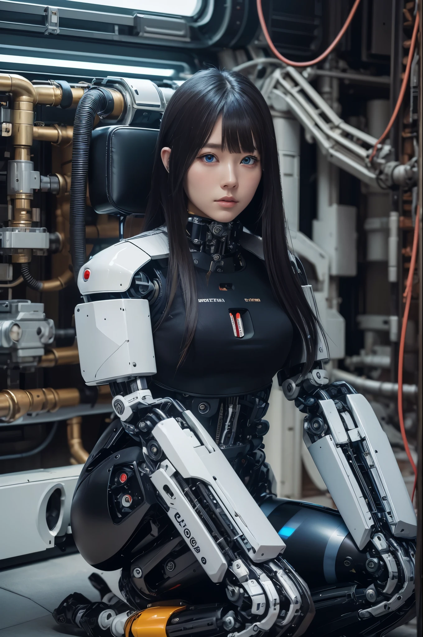 masterpiece, best quality, extremely detailed,8k portrait,Japaese android girl,Plump , control panels,android,Droid,Mechanical Hand, Robot arms and legs, Black hair,Blunt bangs,perfect robot girl,long tube,thick cable connected her neck,japanese cyborg girl ,android assembly plant,connecting a cable between the legs,white robot body,mechanical body,mouton boots,（blue eyes:1.5）