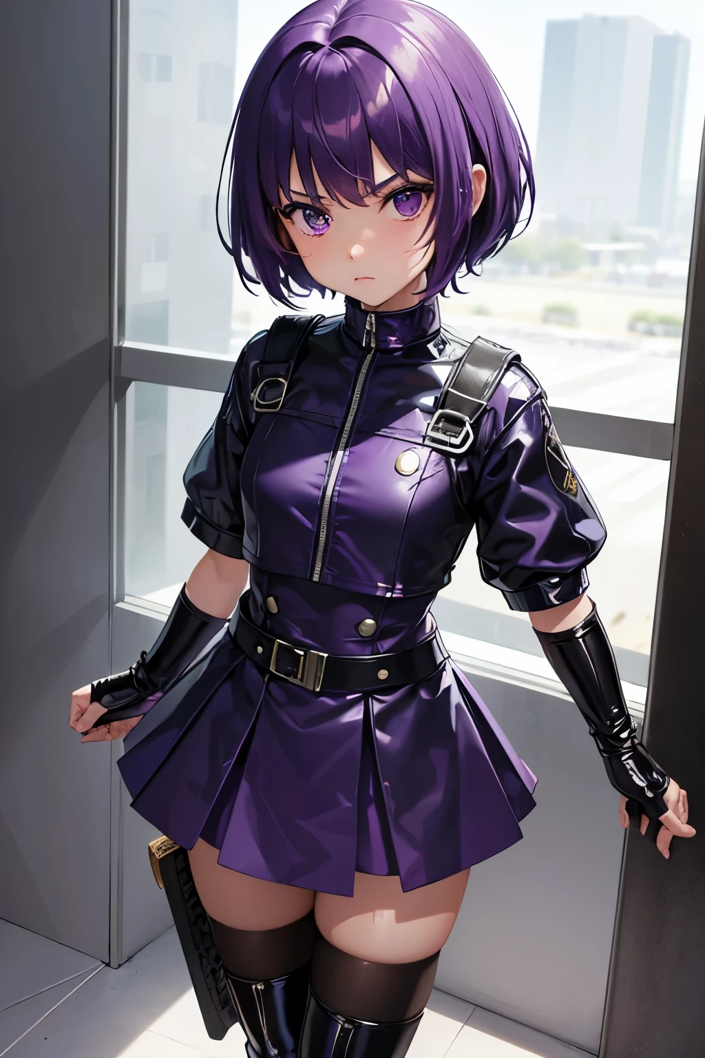 Ultra detailed, girl 8 , childshi , short purple hair frinje , hero mask , menacing face , uniform hero kevlar latex , seios planos , cinto-de-utilidades coldrer , chess skirt , botas militares , Katana .