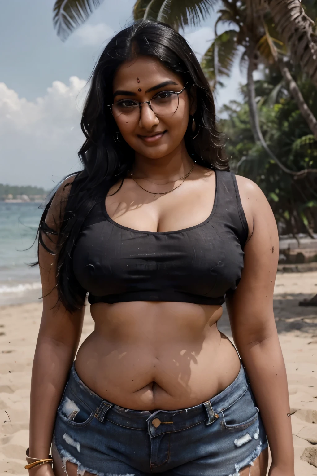 (RAW, masterpiece, hyper-realistic) desi Indian woman wearing (black crop top:1.4) and (denim shorts), 20 years old, (chubby voluptuous plus size:1.3), (eyeglasses), (bindi), An Indian beauty, charismatic, dark Indian- skin, view the viewer, naughty smile, in a beach, bokeh, (detailed facial features, same eyes)