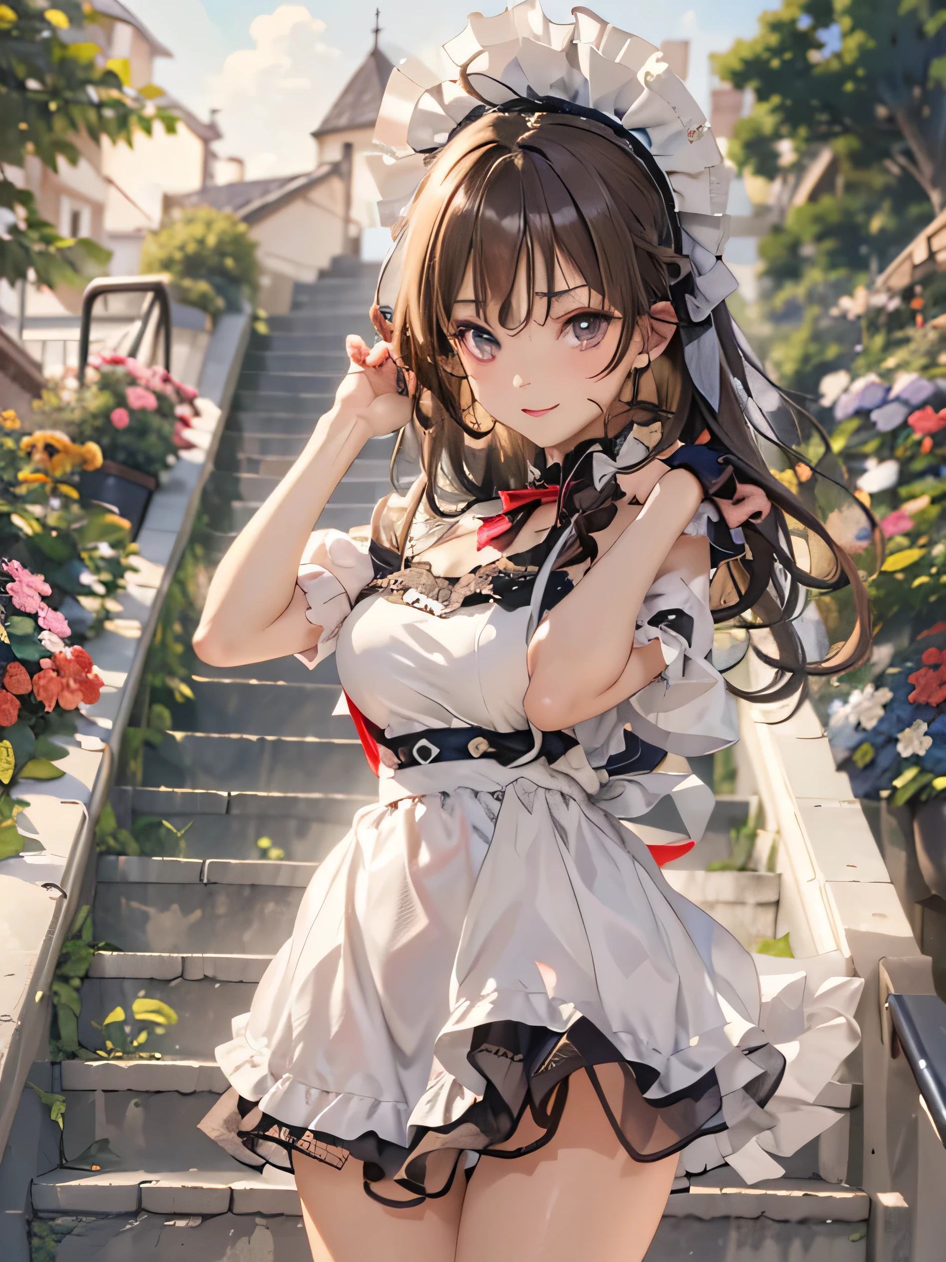 ((must-have、highest quality、High resolution、telop、perfect pixel、8K、telop、telop)))、1 girl、Individual shooting、solo、Beauty、I can see the whole body、((middle wave hair、With bangs) 、brown hair))、((brown eyes、beautiful eyelashes、realistic eyes))、((detailed face、red face:1.2))、((smooth texture:0.75、realistic texture:0.65、Photorealistic: 1.1、Anime CG style))、big breasts、dynamic angle、perfect body、((Made in England、white ruffle maid headband、ruffle blouse、ribbon tie、apron、Navy blue ilk socks、high heels))、luxury hotel garden stairs、Angle looking up from the bottom of the stairs、Very embarrassed、panic smile、turn around、leaning forward、((My skirt is blown up by the wind、I could see the buttocks..... ....、When I turned around, I saw silk lace panties.、Gorgeous thighs))