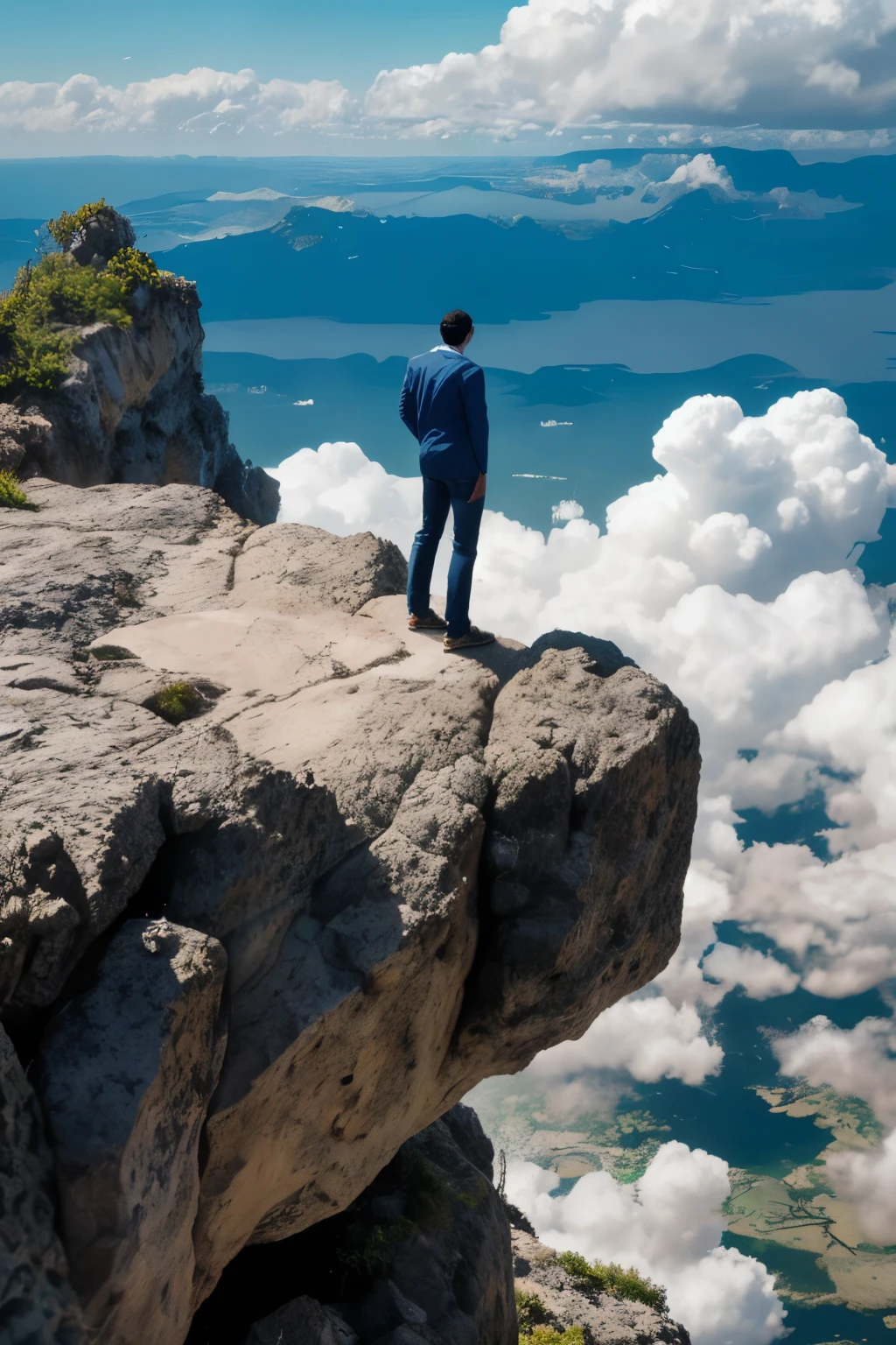 inteligencia artificial donde una persona hombre parado en rocas mirando el cielo las nubes desde lo alto