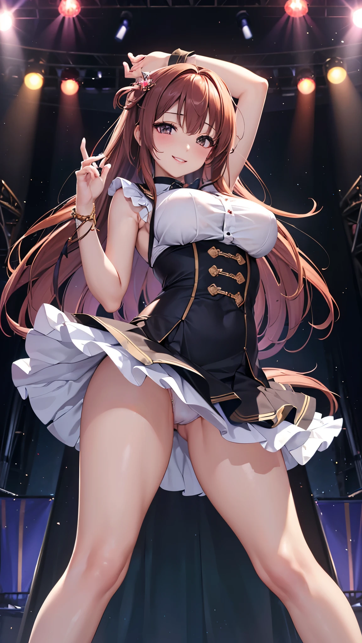 ((highest quality、High resolution、Highly detailed CG Unity 8K wallpaper))、detailed face、perfect body、unparalleled beauty、beautiful breasts、open your legs、shy smile、I'm seducing you、sing、dance、((She lifts up her skirt and shows her panties on live stage))