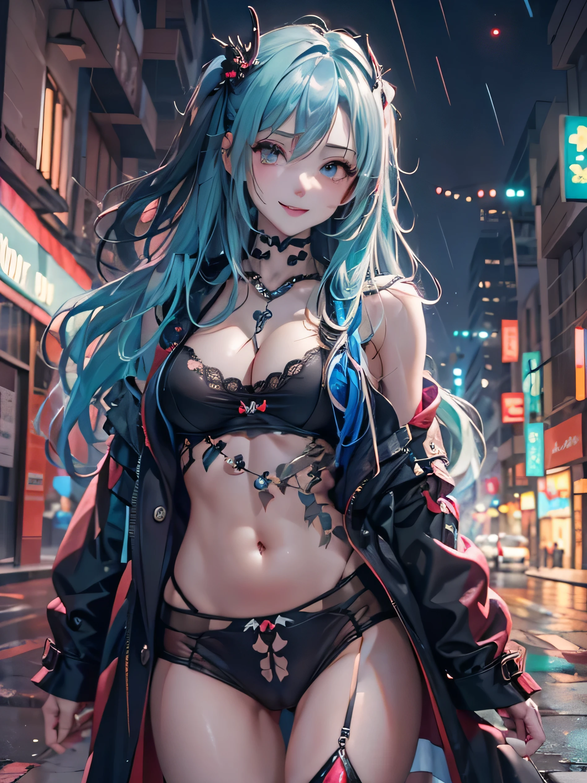 (photorealistic:1.8, highest quality:1.8,8K masterpiece:1.8,High resolution,muste piece:1.8,RAW Photos,cinematic lighting), cyber punk、Back alley at night in the city、rain-soaked ground、vapor、 1 girl、Uruha Rushia、succubus、half coat、Completely naked、light clothing、skull hair ornament、Beautiful shining blue lime hair:1.5、long hair、twin tails、shining red eyes、Provocative sexy poses、Giddy Smile、 (elation:1.4)plump nipples、(cameltoe),No split screen,slender abs:1.2,(Young sensual gravure idol)