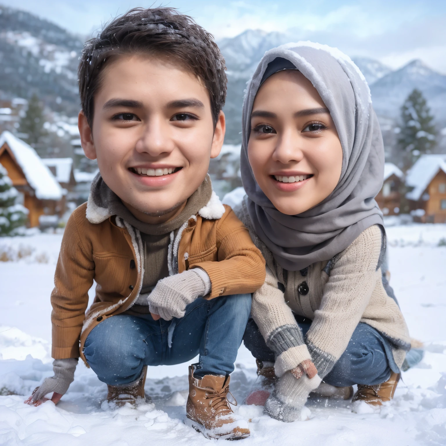 photo realistic, a 28 year old man, short thin hair, a 28 year old woman, Indonesian, wearing hijab, wearing winter clothes and wearing boots, is playing with snow, happy expression, around snow with hills and snow covered houses in the background, 8K, natural light, realistic, high light effect