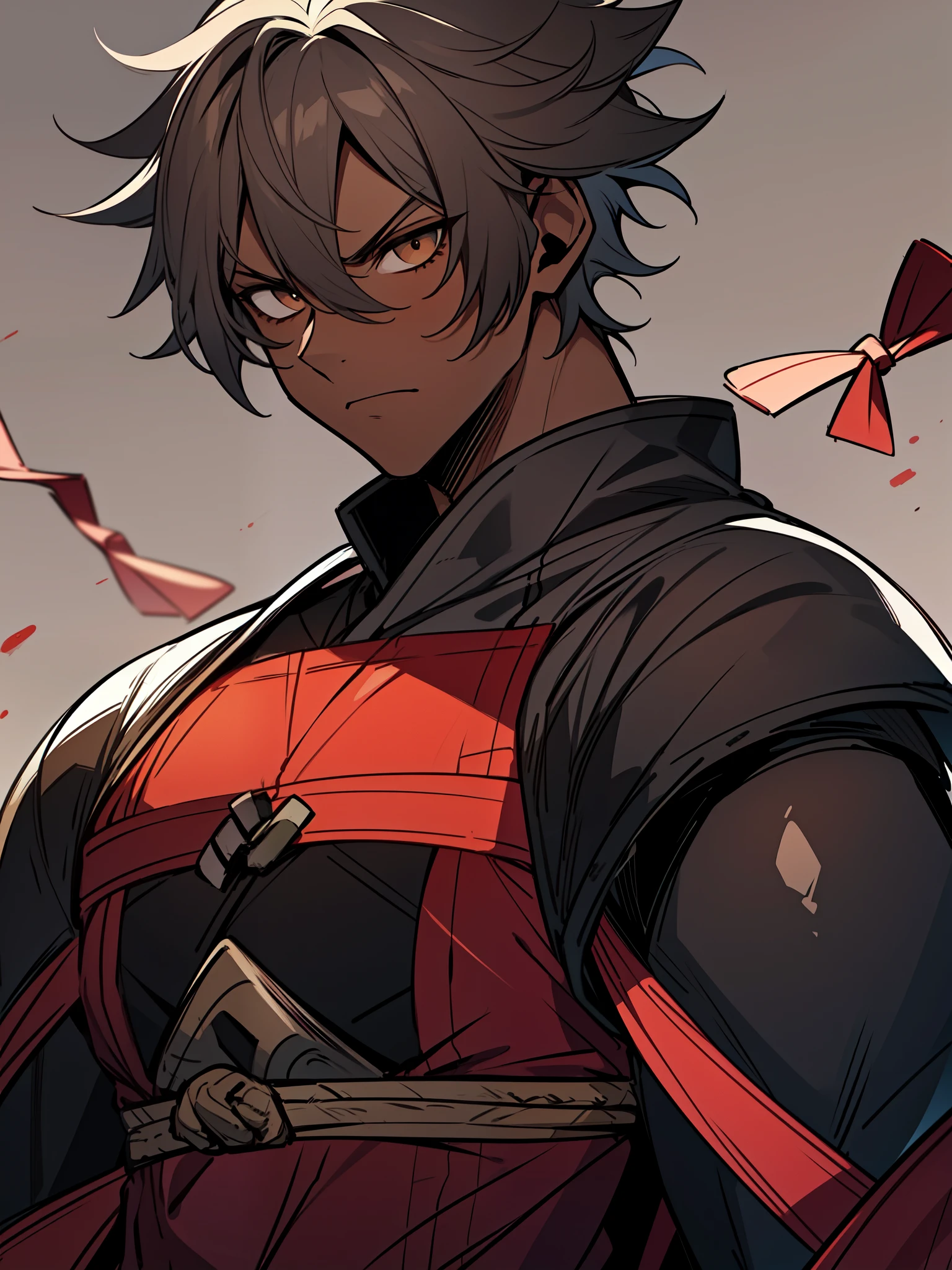 ((brown hair)), ((ninja)), ((bodysuit)), (((dark skin))), ((serious expression)), ((shinobi clothing)), ((muscular build)), (((complementary colors))), ((mature male)), 1boy, beautifully drawn, high resolution illustration, best quality, High definition, ((detailed anime sketch)), Masterpiece, (solo), absurdres, portrait, ((upper body)), ((wild hair)), detailed background, fine detail, male focus, HDR, ((short hair))