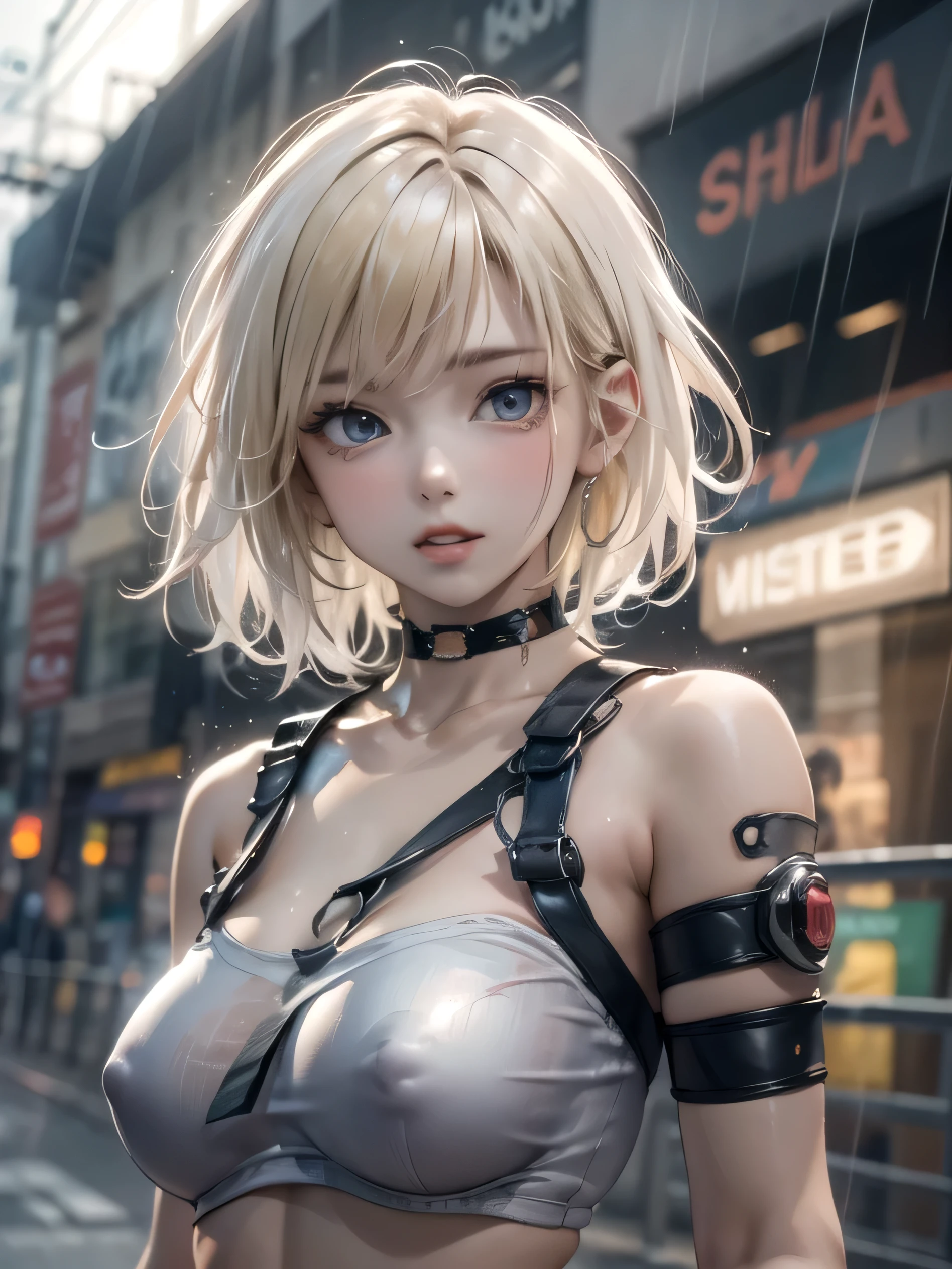 (photorealistic:1.8, highest quality:1.8,8K masterpiece:1.8,High resolution,muste piece:1.8,RAW Photos,cinematic lighting),
cyber punk、Back alley at night in the city、rain-soaked ground、vapor、
(1 android girl:1.3)、Completely naked、shirt、bondage、choker、knee high tights、Nipple piercing、beautiful butt,beautiful thighs,plump nipples,Nipples are visible through the costume、(Misaka Mikoto)(character focus)、
(short Hair:1.2,beautiful shining blonde hair:1.5)、
(elation:1.4)、Disdainful、
plump nipples、(cameltoe),No split screen,slender abs:1.2,(Young sensual gravure idol)