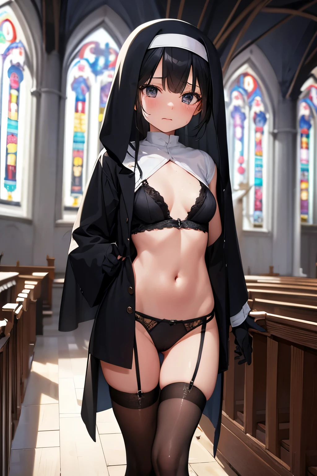 Ultra realistic girl , childshi body , long black hair frinje , nun , melancolic face cry , lingerie thong pantie ,garterbelt long socks , Gloves , inocent , standing . Praying , dark church.