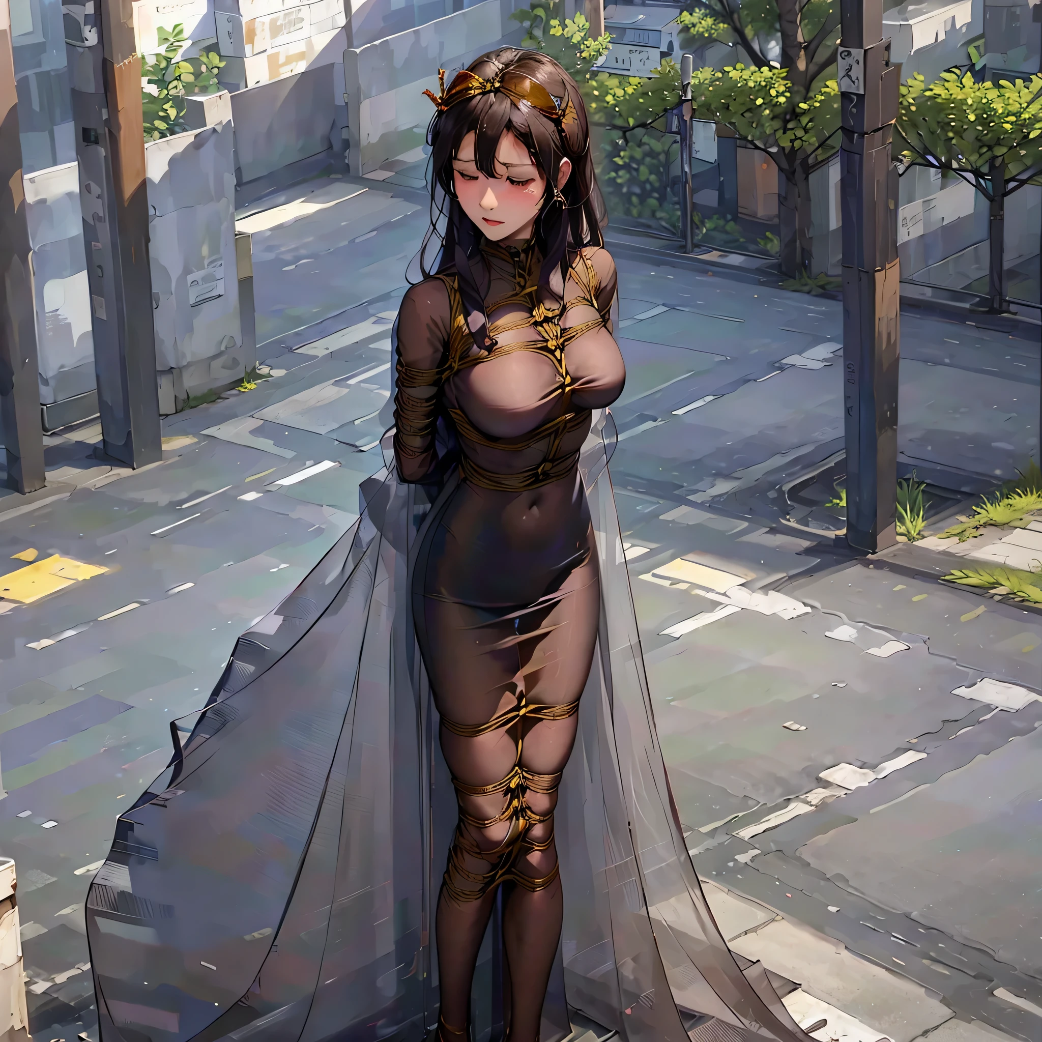 Princess tied up in a long sheer gown and entangled in the spider web,solobound,spider web