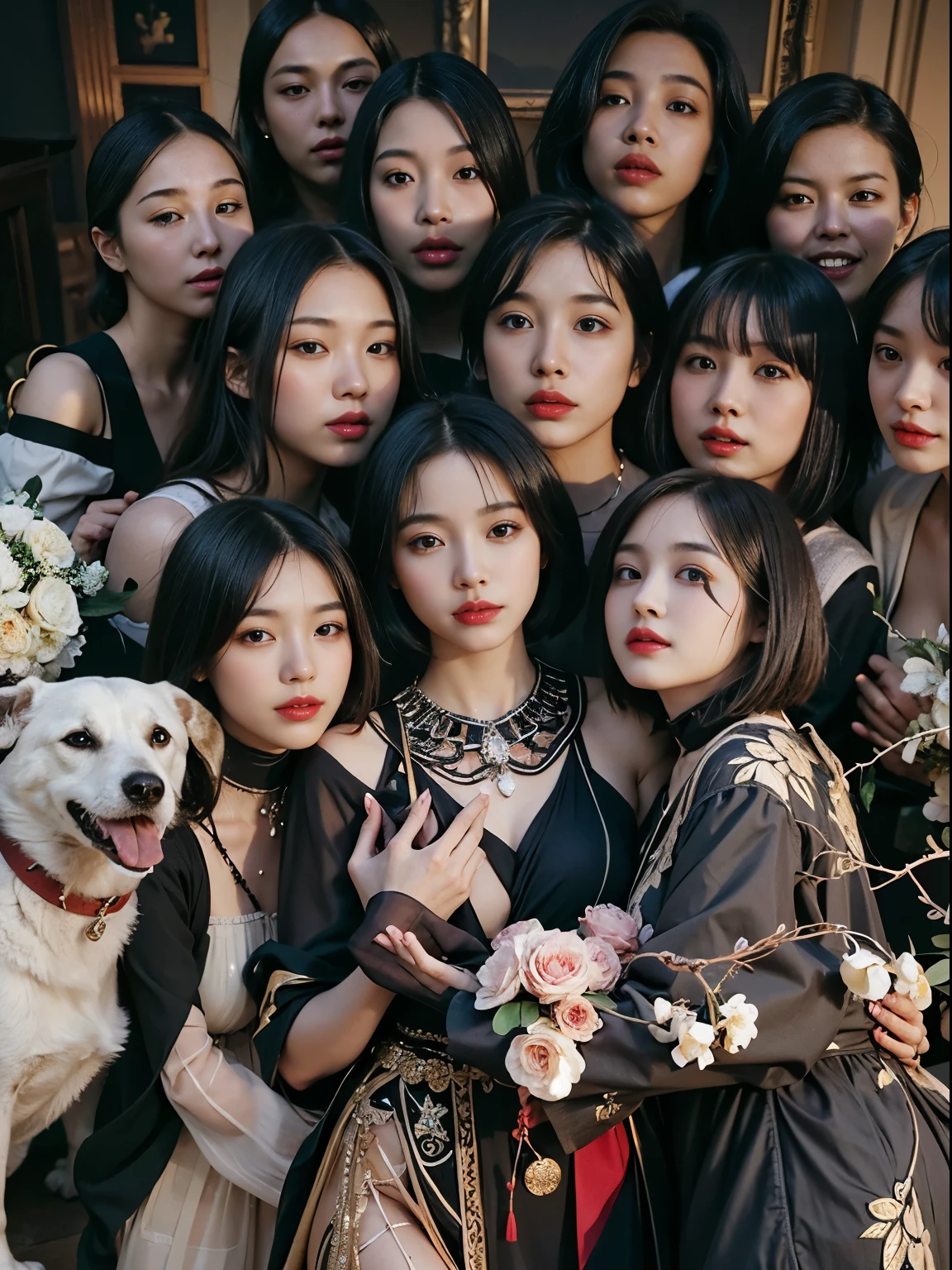 (Best quality, 8k, 32k, Masterpiece, UHD:1.2) "Generate a captivating artwork featuring a young Japanese girl model with short, sleek black hair styled in a chic bob haircut. Envision her bathed in dramatic cinematic lighting, creating an atmosphere of allure and mystery. Emphasize a romantic aesthetic vibe, showcasing the model in a poised and elegant pose that evokes a sense of intimacy and sophistication. Utilize warm and soft tones to enhance the romantic ambiance, and consider incorporating elements like flowing fabrics or flowers to add a touch of ethereal beauty. Capture the essence of romance and beauty through the model's expression, the play of light and shadows, and the overall aesthetic, creating a visually compelling and emotionally resonant piece." (perfect eyes), flawless skin, flawless face, cinematic, tight body, ((well-proportion female hands)), ((female hands with five digits)) ((Body is well proportioned)), ((chic bob haircut)), soft focus ((Short Black Hair)), ((dog)), ((dogs))