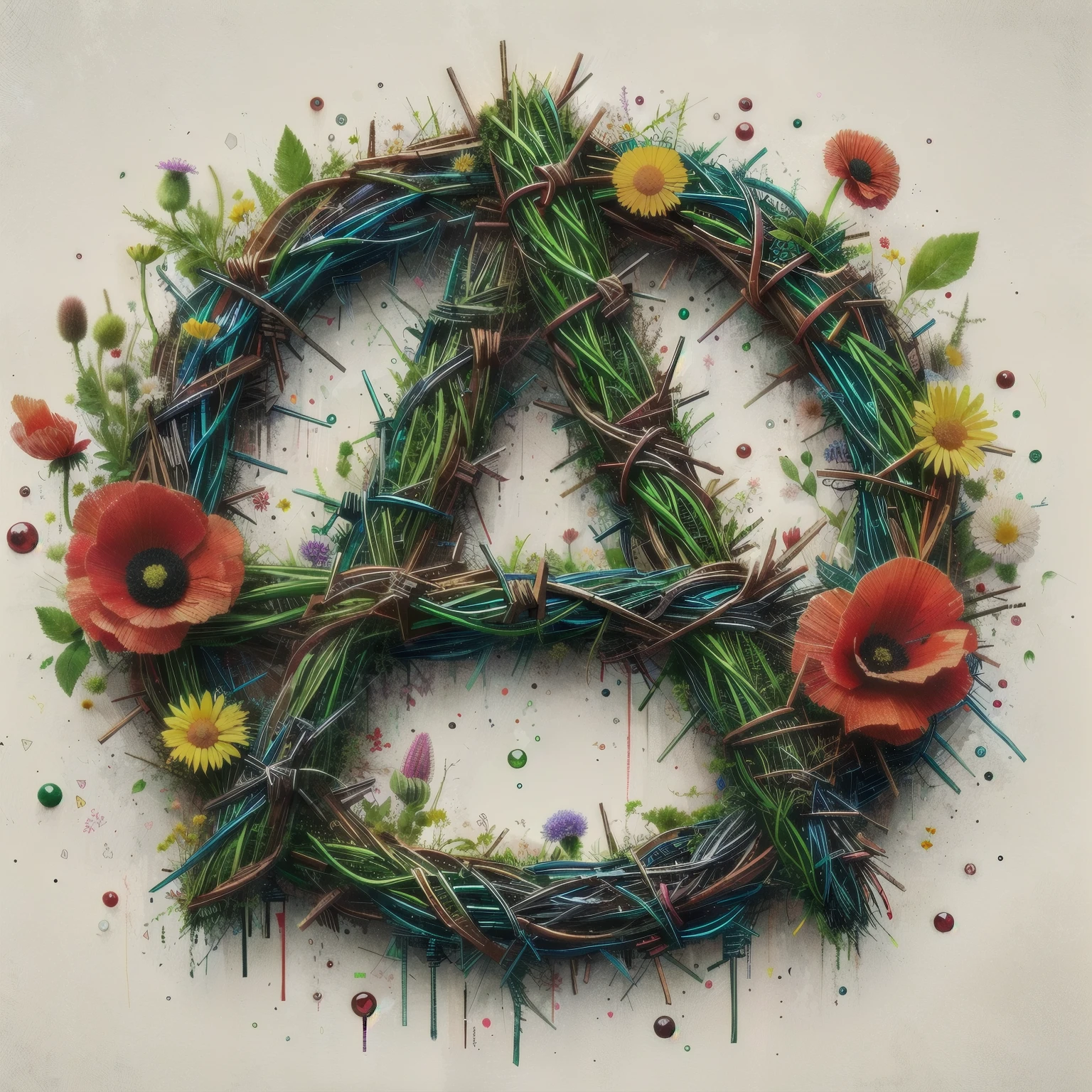 wreath made of twigs and flowers with a anarchy sign, amazing art, anarchy, beautiful art, made of wildflowers, official artwork, gorgeous art, beautiful artwork, stunning artwork, ecological art,