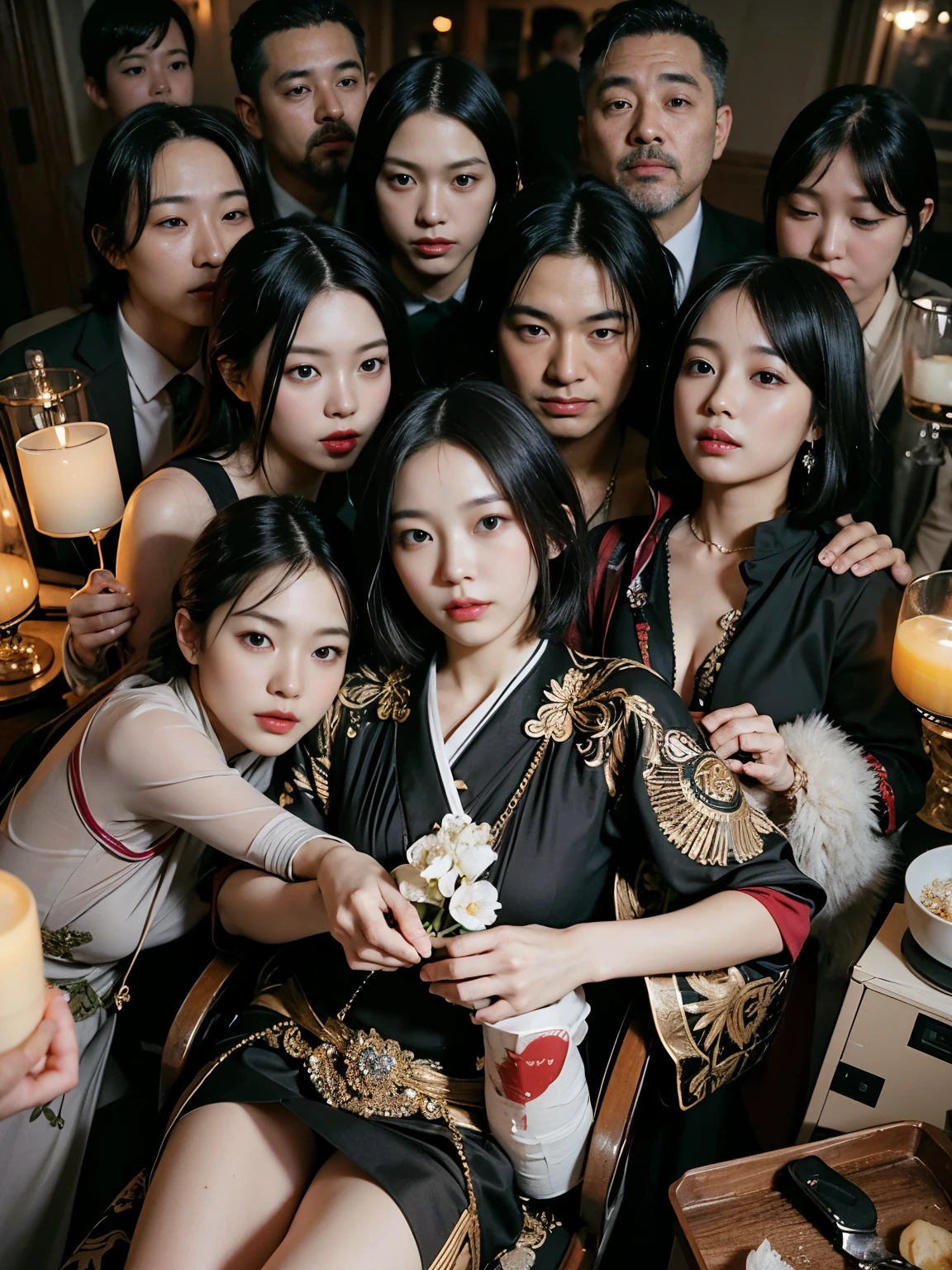 (Best quality, 8k, 32k, Masterpiece, UHD:1.2) "Generate a captivating artwork featuring a young Japanese girl model with short, sleek black hair styled in a chic bob haircut. Envision her bathed in dramatic cinematic lighting, creating an atmosphere of allure and mystery. Emphasize a romantic aesthetic vibe, showcasing the model in a poised and elegant pose that evokes a sense of intimacy and sophistication. Utilize warm and soft tones to enhance the romantic ambiance, and consider incorporating elements like flowing fabrics or flowers to add a touch of ethereal beauty. Capture the essence of romance and beauty through the model's expression, the play of light and shadows, and the overall aesthetic, creating a visually compelling and emotionally resonant piece." (perfect eyes), flawless skin, flawless face, cinematic, tight body, ((well-proportion female hands)), ((female hands with five digits)) ((Body is well proportioned)), ((chic bob haircut)), soft focus ((Short Black Hair)), ((food)), ((party))
