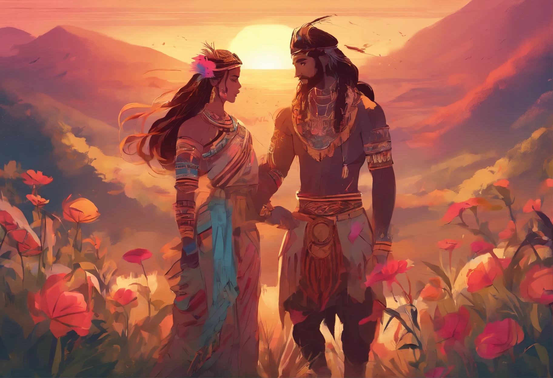 (best quality,4k,highres,masterpiece:1.2),ultra-detailed,beautiful detailed eyes,beautiful detailed lips,extremely detailed eyes and face,longeyelashes,loving facial expressions,two people deeply in love,couple embracing each other,couple in tribal clothing,clothing adorned with traditional tribal patterns,tribal headdresses and accessories,colorful tribal outfits,fields of vibrant flowers,beautiful sunset lighting,warm and golden color tone,soft and gentle glow,romantic and dreamy atmosphere,artistic and painterly style