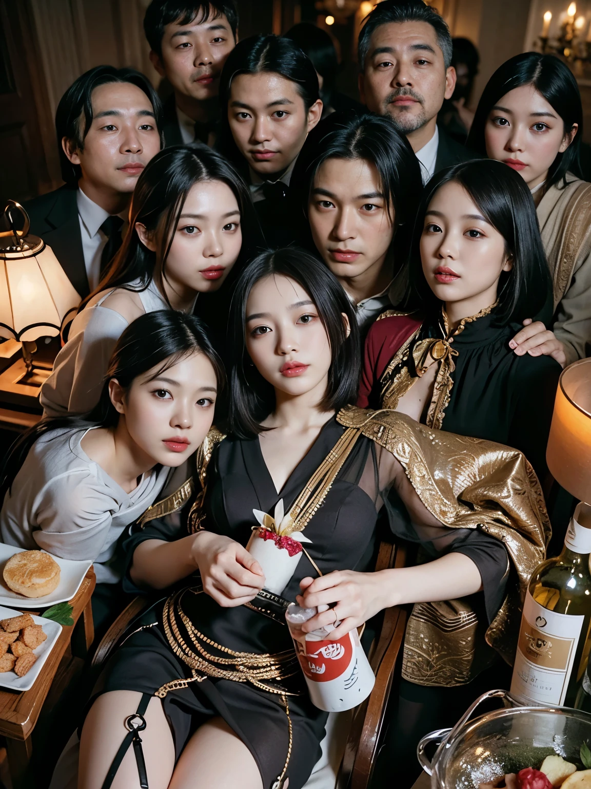 (Best quality, 8k, 32k, Masterpiece, UHD:1.2) "Generate a captivating artwork featuring a young Japanese girl model with short, sleek black hair styled in a chic bob haircut. Envision her bathed in dramatic cinematic lighting, creating an atmosphere of allure and mystery. Emphasize a romantic aesthetic vibe, showcasing the model in a poised and elegant pose that evokes a sense of intimacy and sophistication. Utilize warm and soft tones to enhance the romantic ambiance, and consider incorporating elements like flowing fabrics or flowers to add a touch of ethereal beauty. Capture the essence of romance and beauty through the model's expression, the play of light and shadows, and the overall aesthetic, creating a visually compelling and emotionally resonant piece." (perfect eyes), flawless skin, flawless face, cinematic, tight body, ((well-proportion female hands)), ((female hands with five digits)) ((Body is well proportioned)), ((chic bob haircut)), soft focus ((Short Black Hair)), ((food)), ((party))